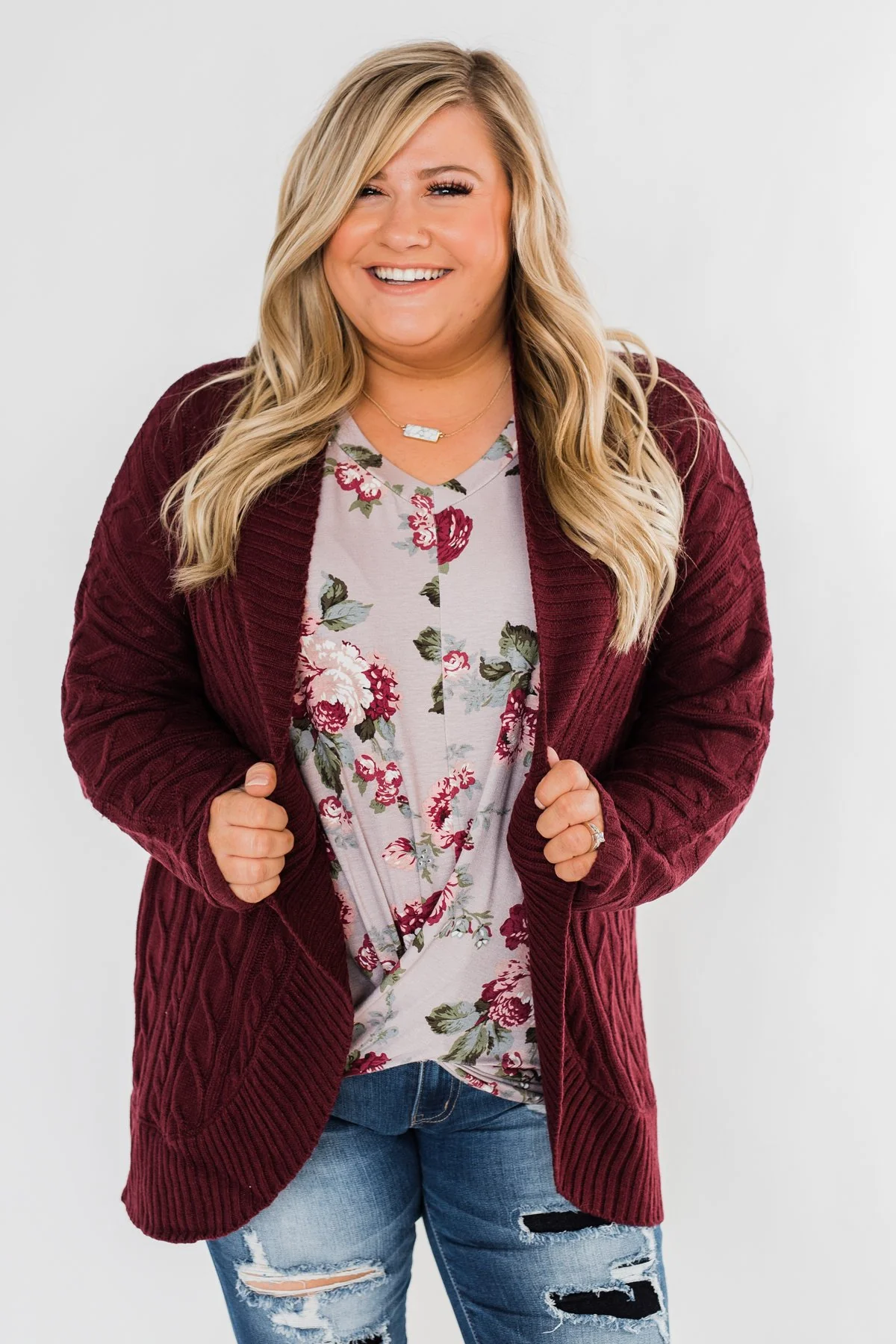 Noticing You Cable Knit Cardigan- Burgundy - Image 4