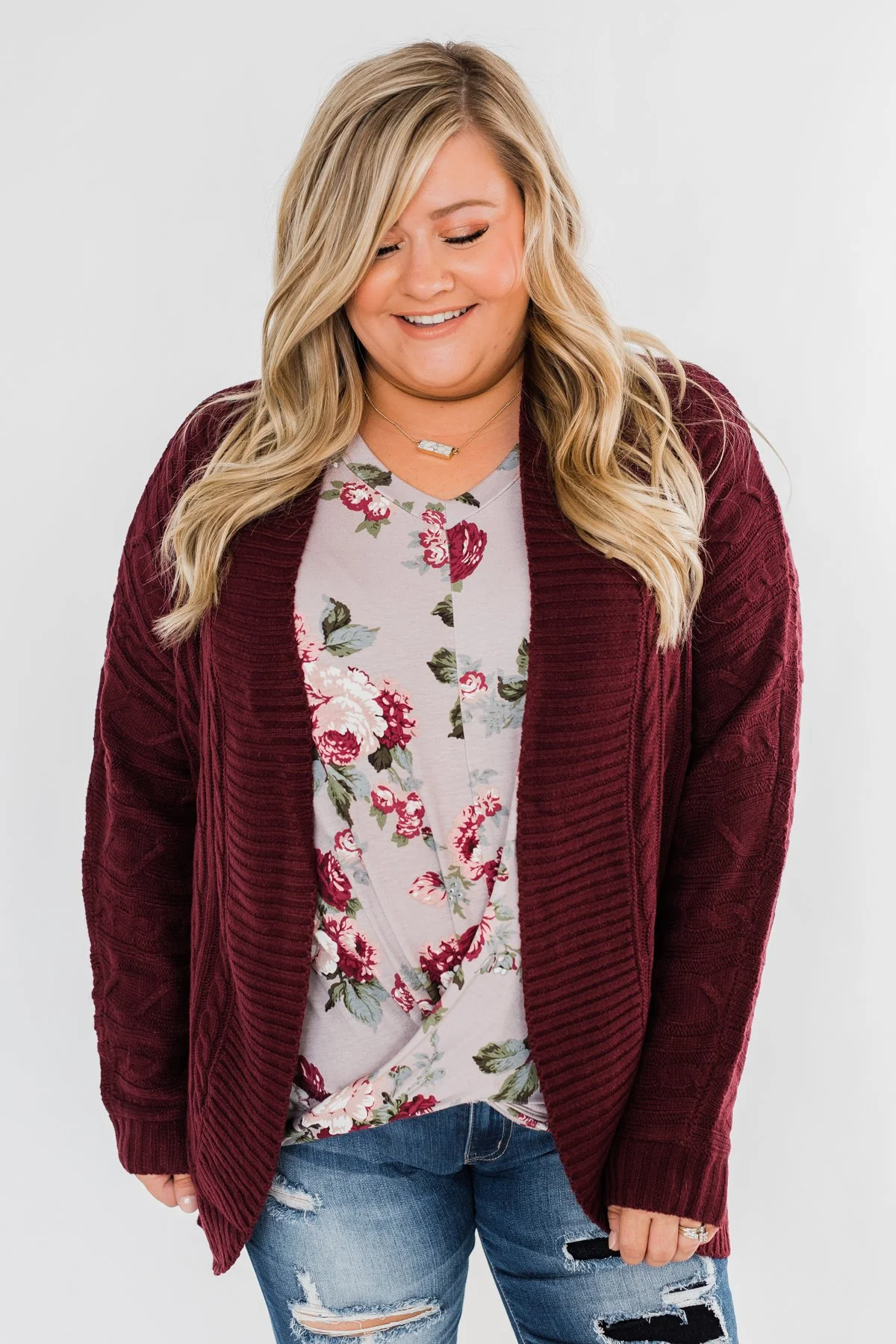 Noticing You Cable Knit Cardigan- Burgundy - Image 6