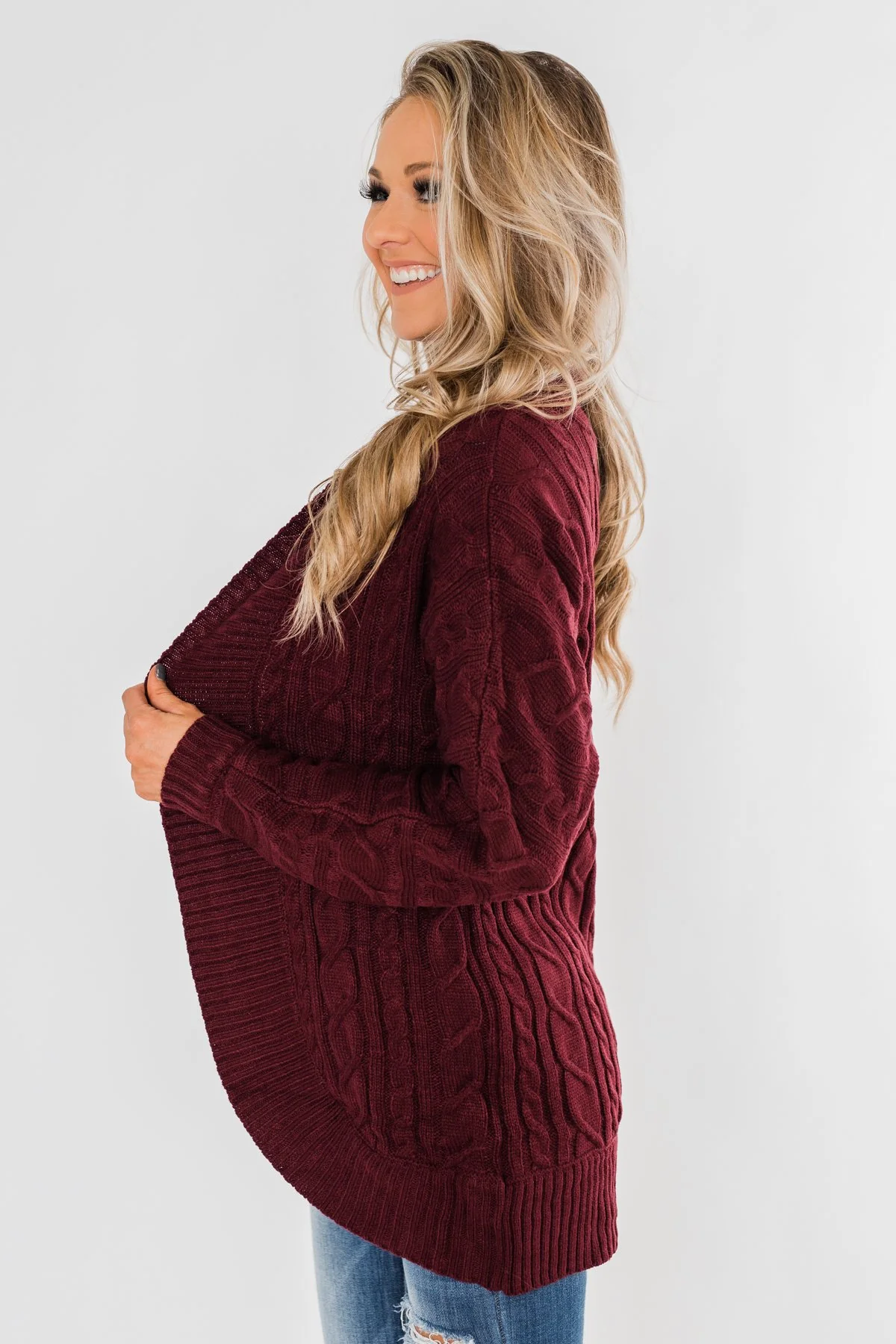 Noticing You Cable Knit Cardigan- Burgundy - Image 7
