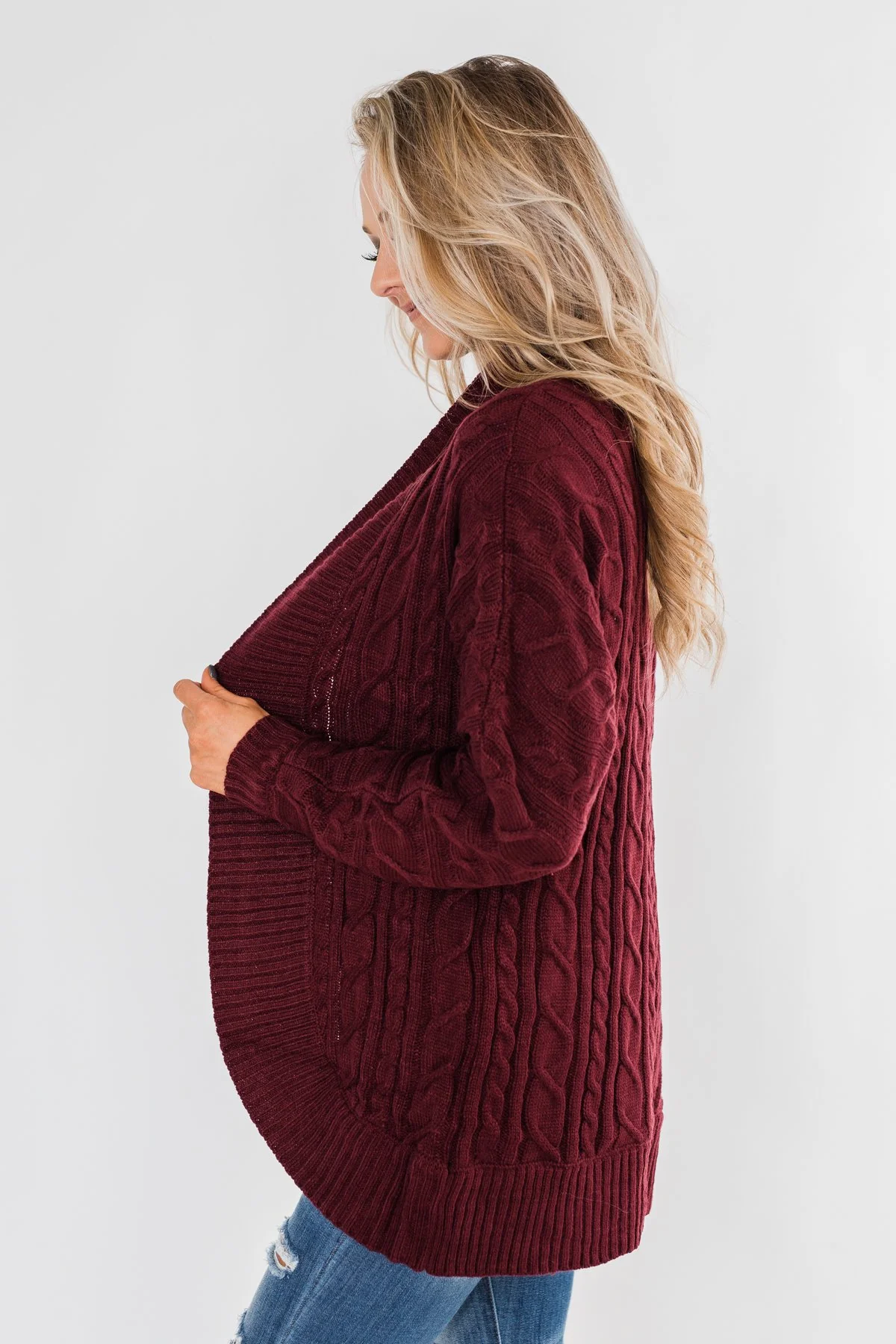 Noticing You Cable Knit Cardigan- Burgundy - Image 9