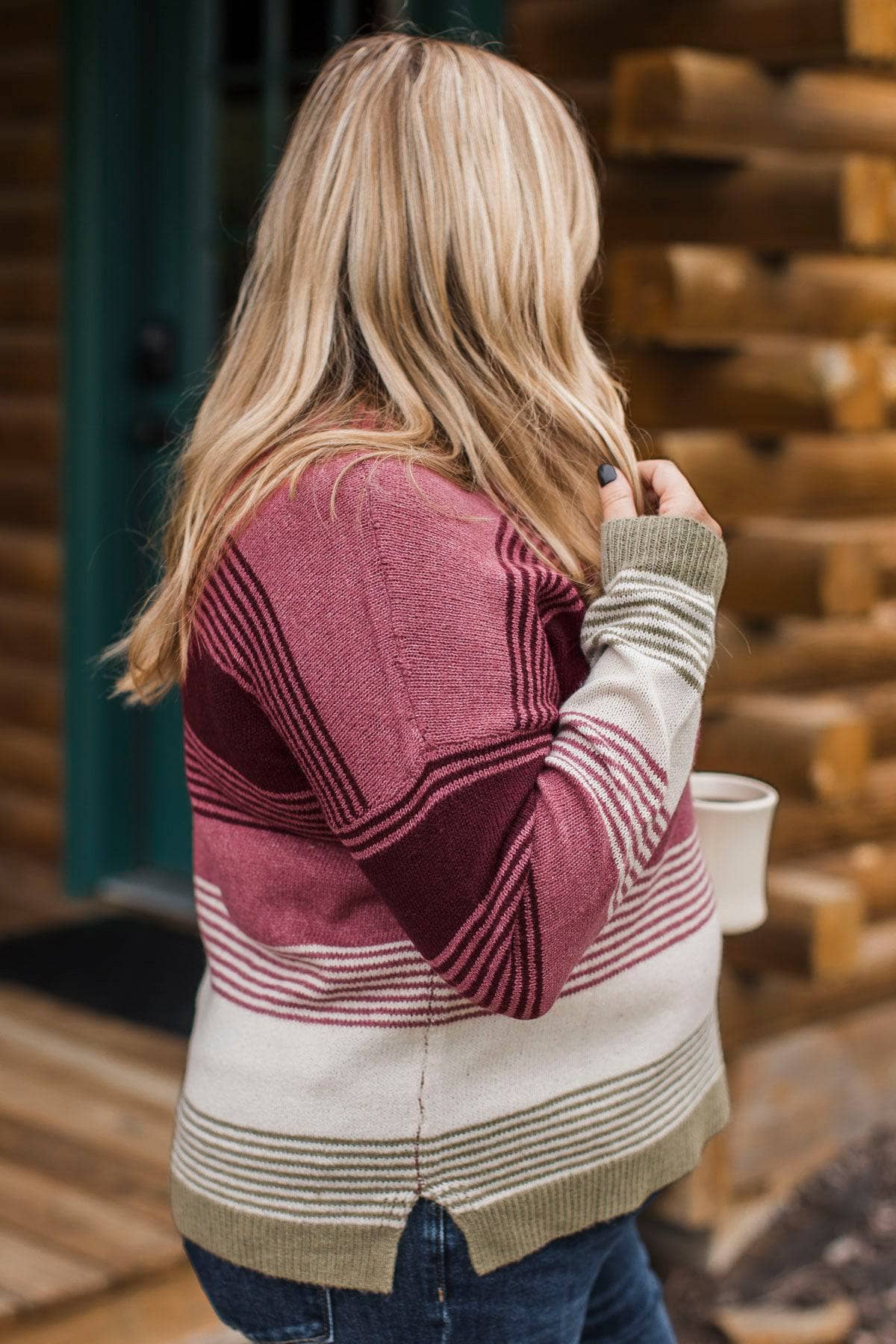 Nourish Your Soul Striped Knit Sweater- Dark Rose & Burgundy - Image 3