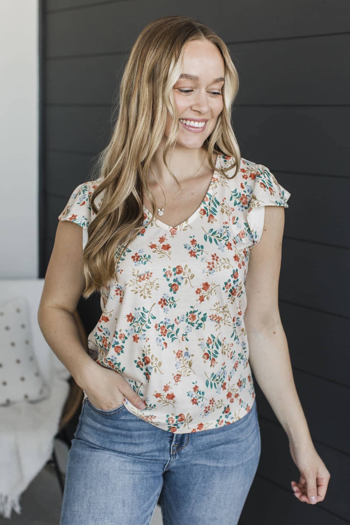 Novel Romance Floral V-Neck Top- Light Cream - Image 2