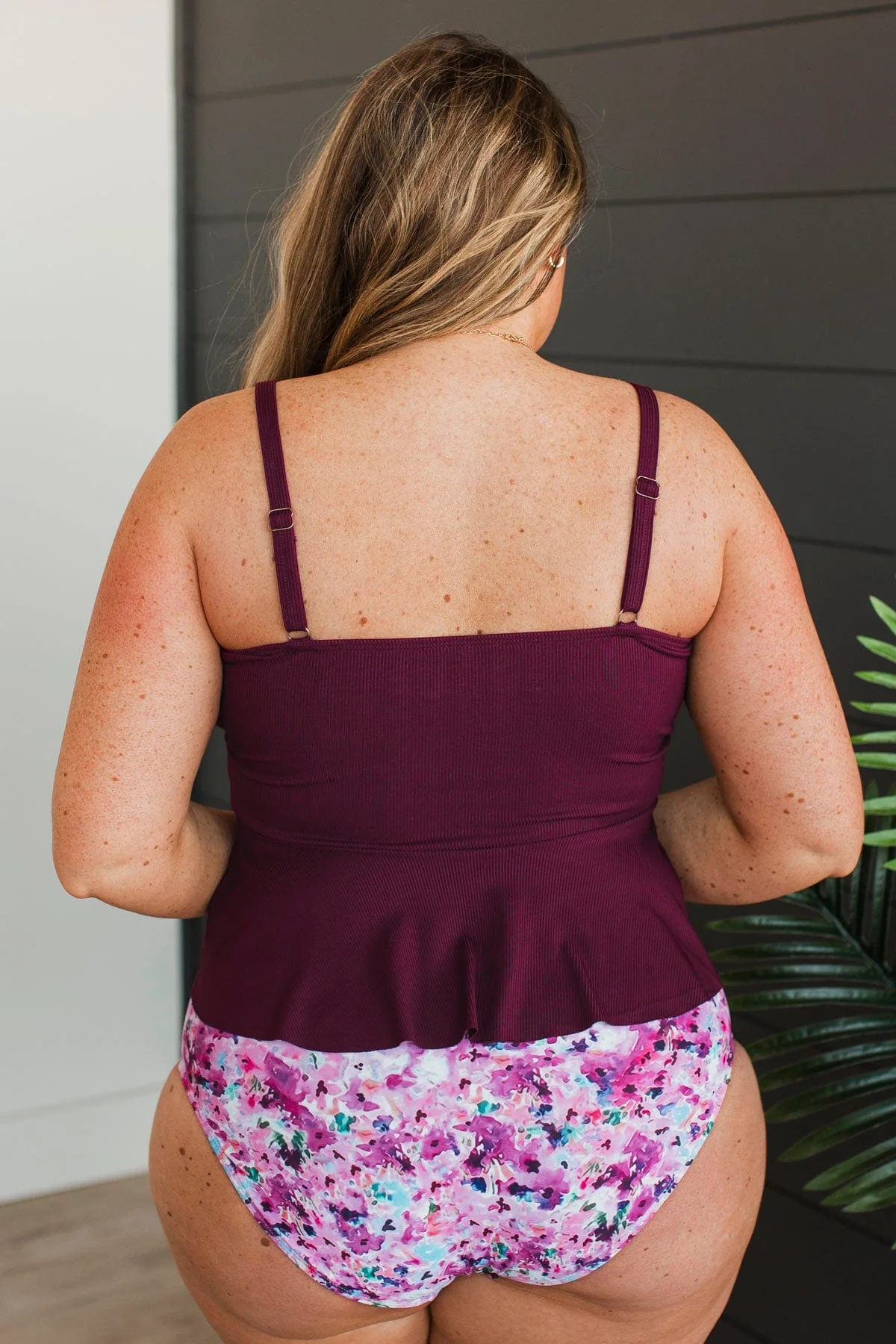 Ocean Breeze Peplum Tankini Swim Top- Plum Ribbed - Image 11