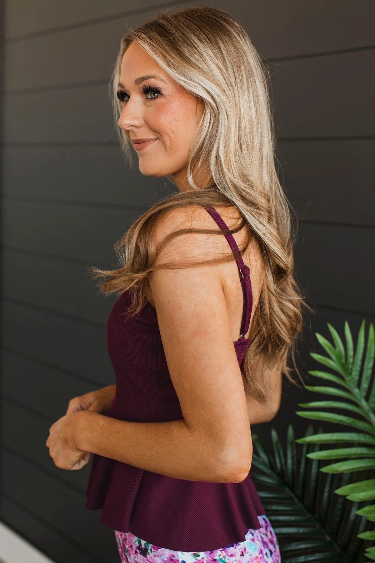 Ocean Breeze Peplum Tankini Swim Top- Plum Ribbed - Image 7