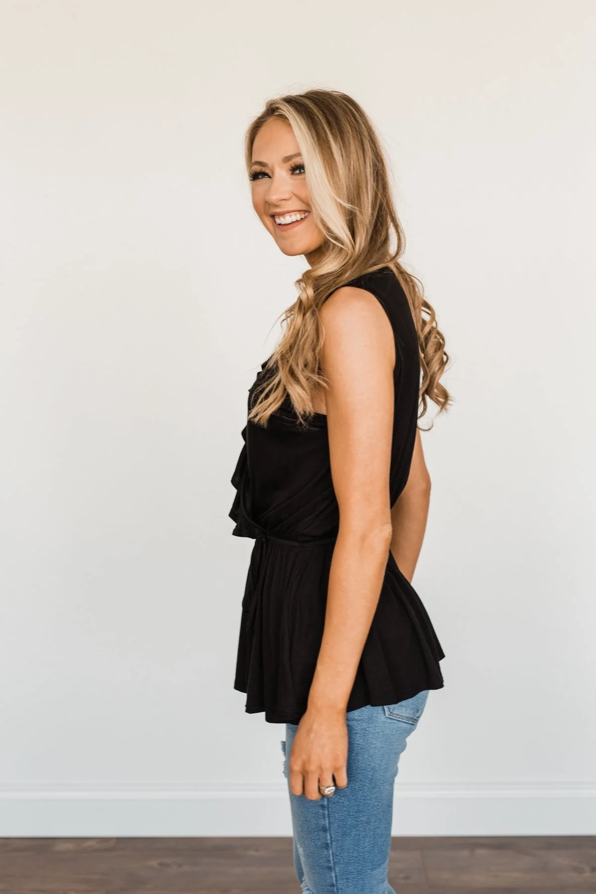 Ocean Views Ruffled Sleeveless Blouse- Black - Image 6