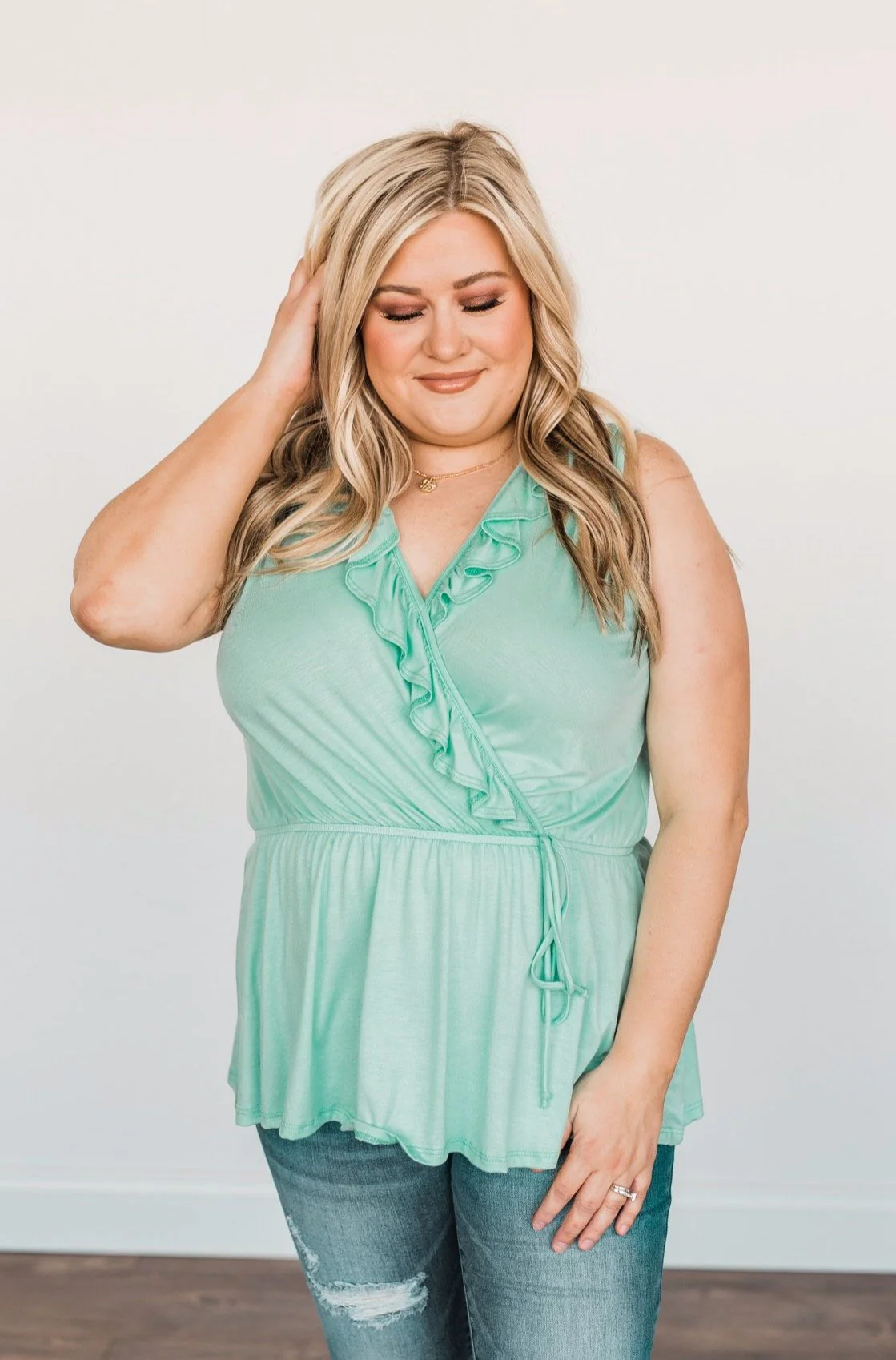 Ocean Views Ruffled Sleeveless Blouse- Mint - Image 2
