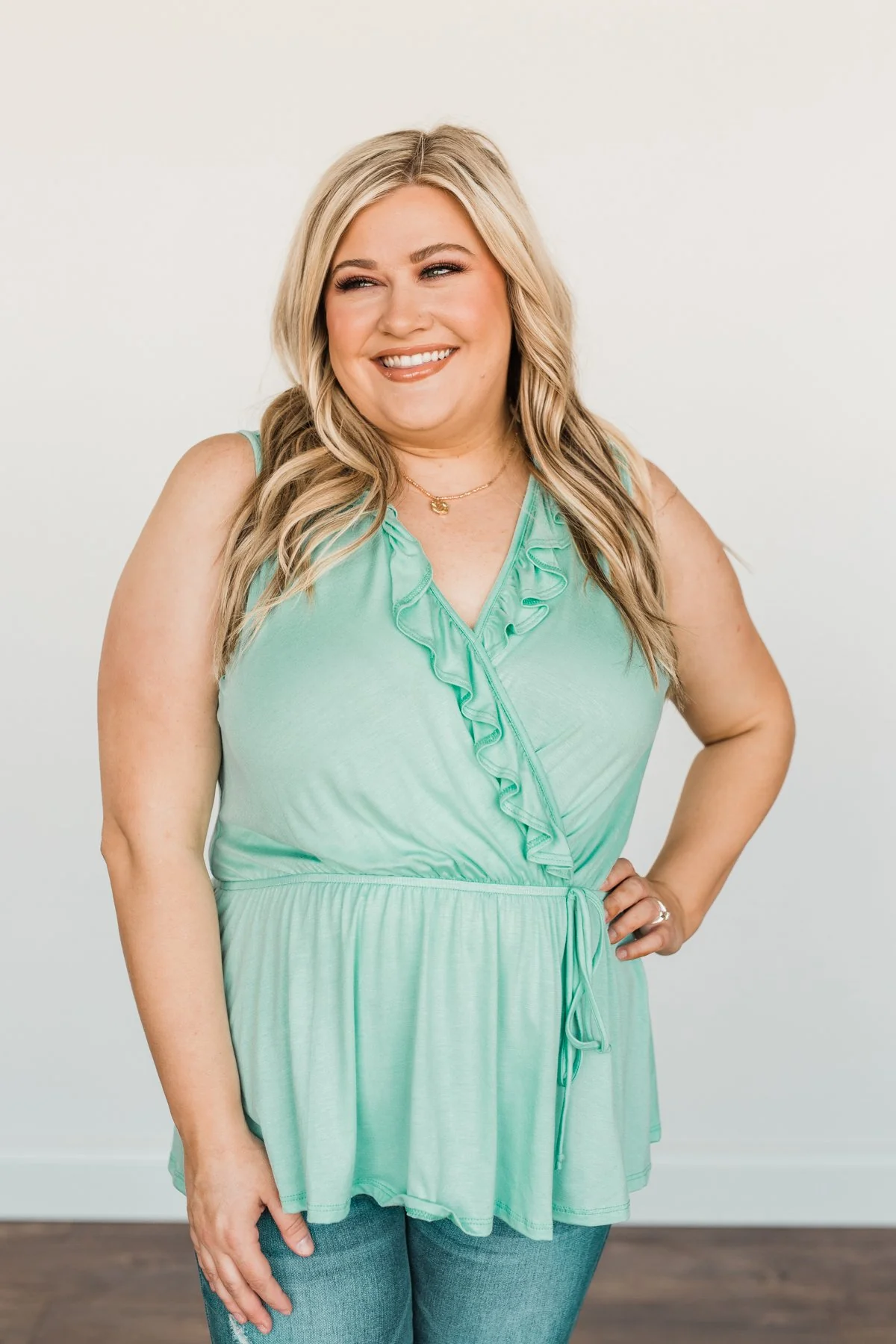 Ocean Views Ruffled Sleeveless Blouse- Mint - Image 4