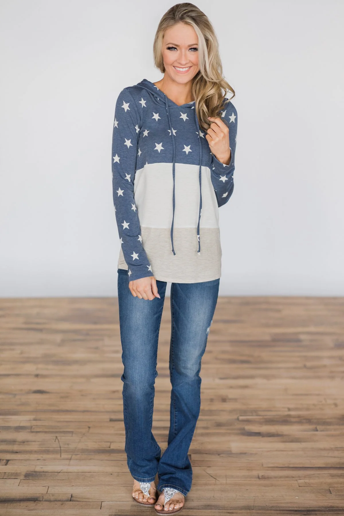 Off She Goes Dusty Blue Color Block Hoodie - Image 2