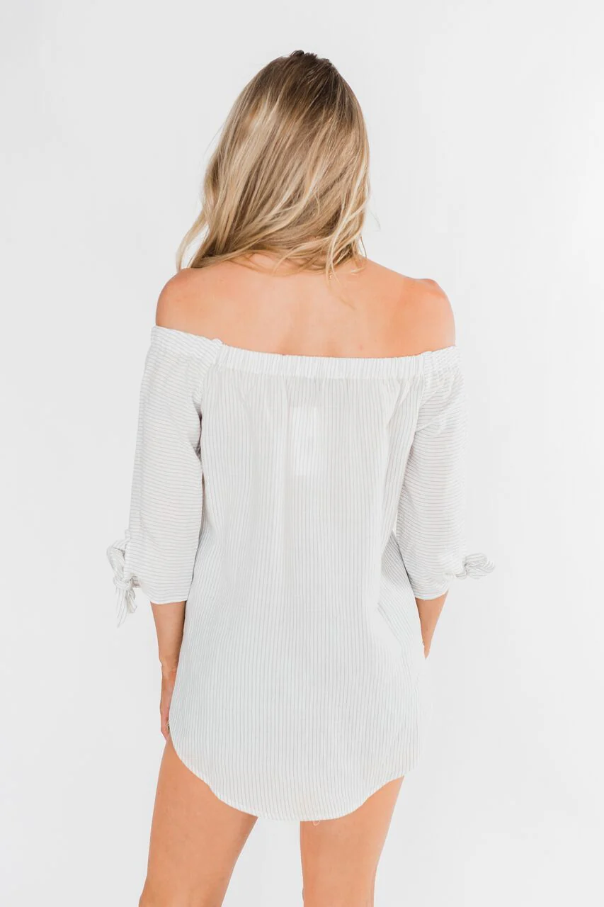 Off The Shoulder Striped Tie Sleeve Top- Ivory - Image 6