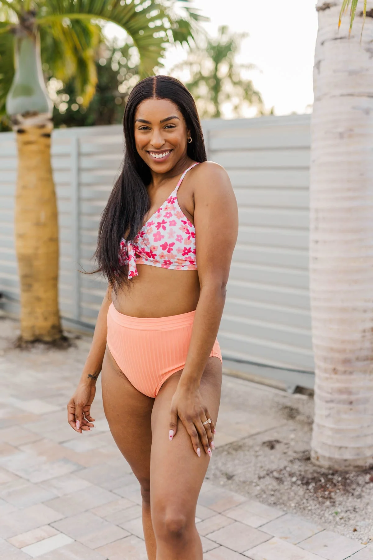 Off To The Ocean Triangle Bikini Top- Peach & Coral - Image 6