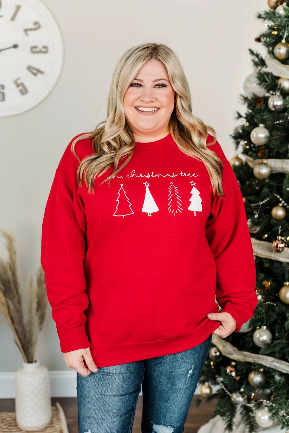 "Oh Christmas Tree" Graphic Crewneck Pullover- Holiday Red - Image 9