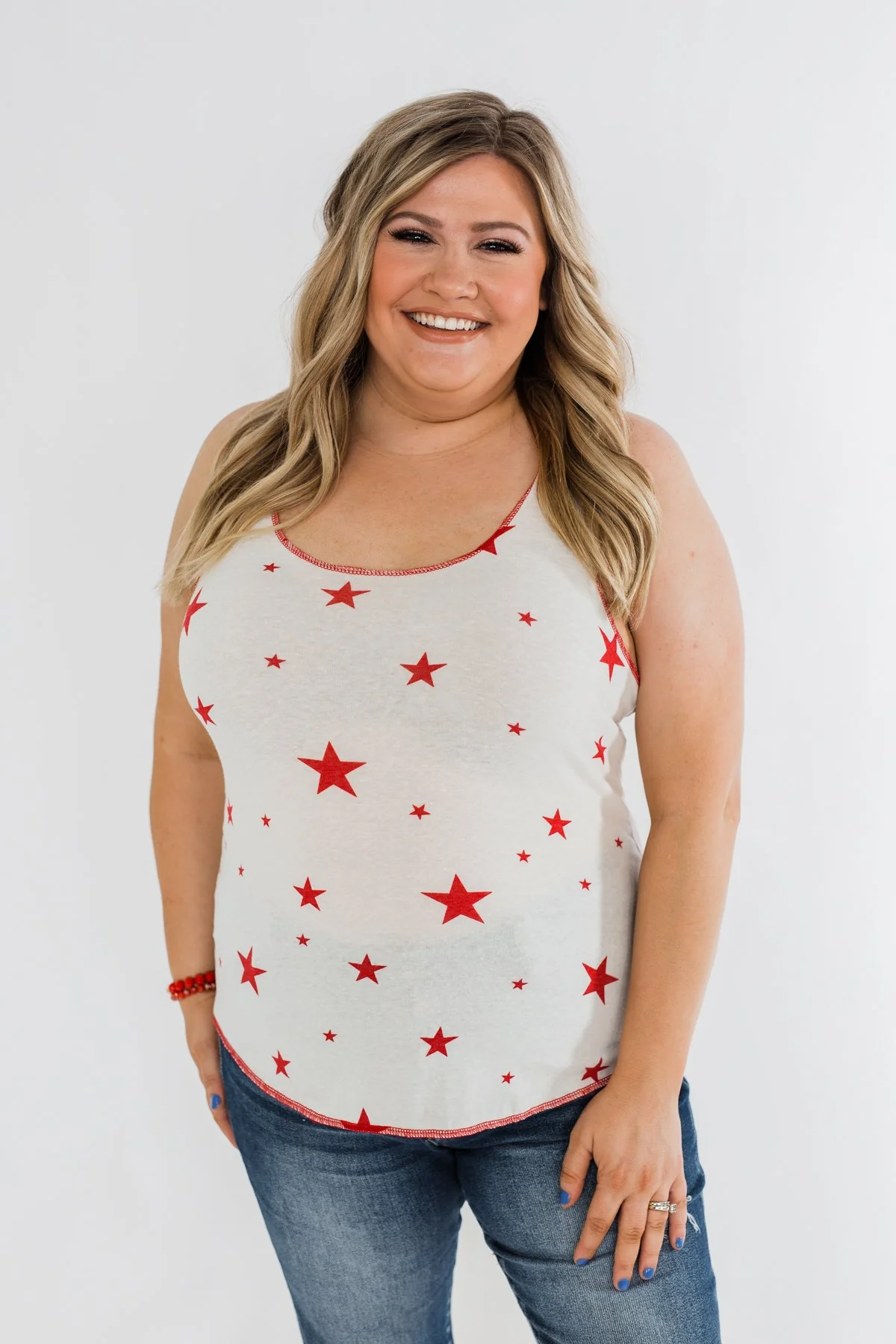 Oh My Stars Printed Tank Top- Ivory & Red - Image 2