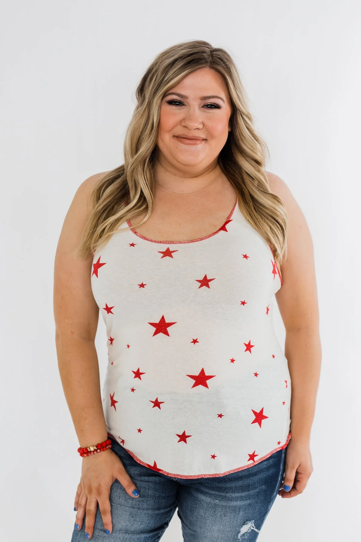 Oh My Stars Printed Tank Top- Ivory & Red - Image 3