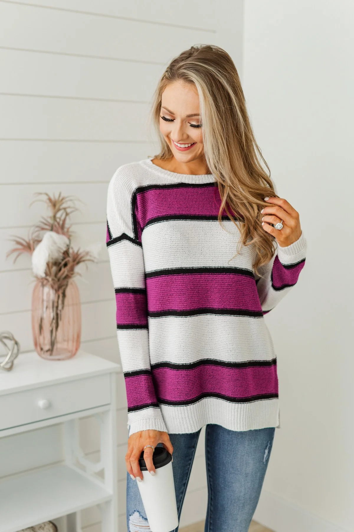 Oh So Soft Striped Knit Sweater- Magenta - Image 13