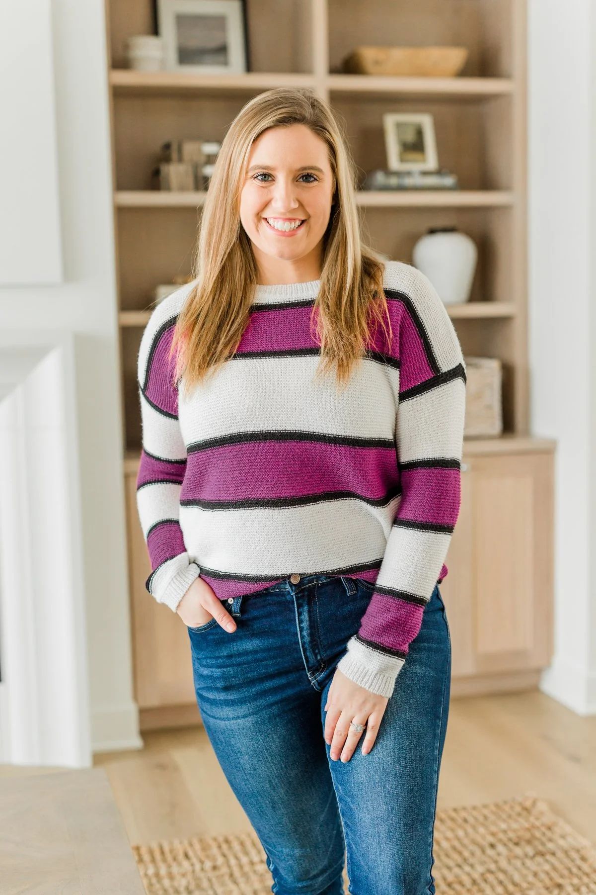 Oh So Soft Striped Knit Sweater- Magenta - Image 14
