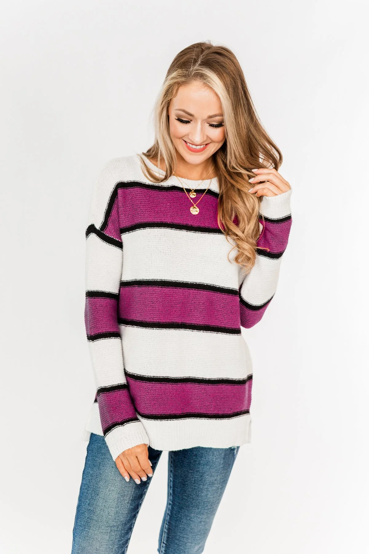 Oh So Soft Striped Knit Sweater- Magenta - Image 15