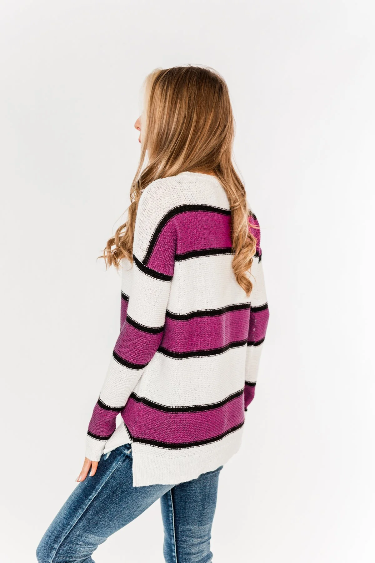 Oh So Soft Striped Knit Sweater- Magenta - Image 17