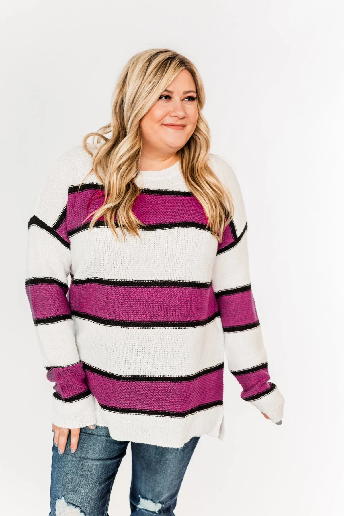 Oh So Soft Striped Knit Sweater- Magenta - Image 4