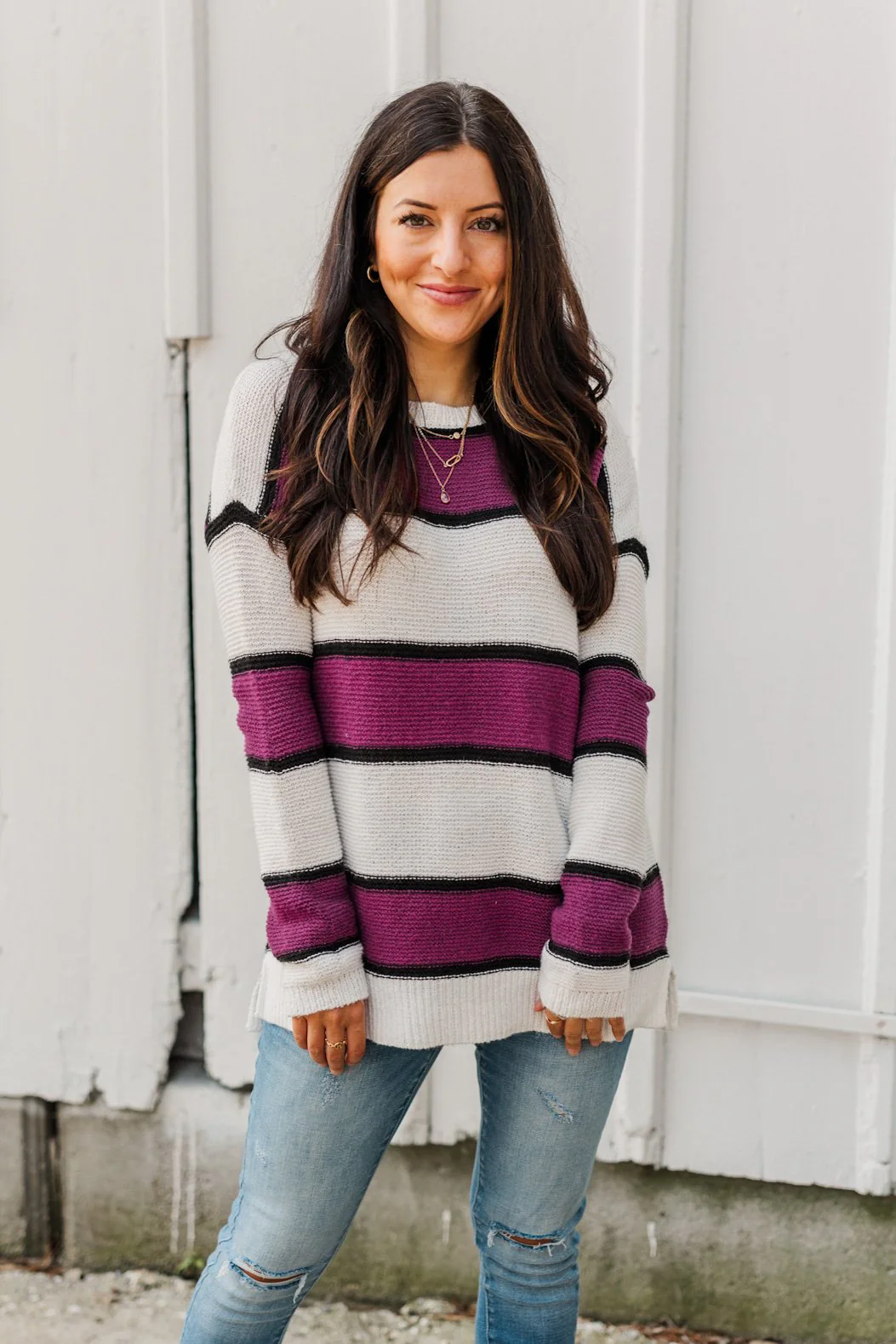 Oh So Soft Striped Knit Sweater- Magenta - Image 9