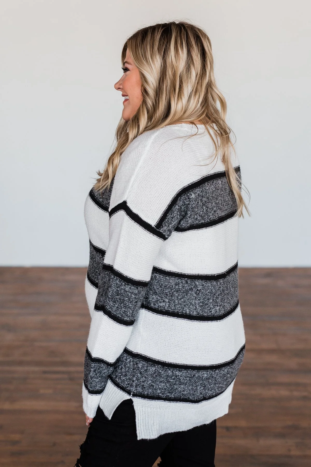 Oh So Soft Striped Knit Sweater- White - Image 10