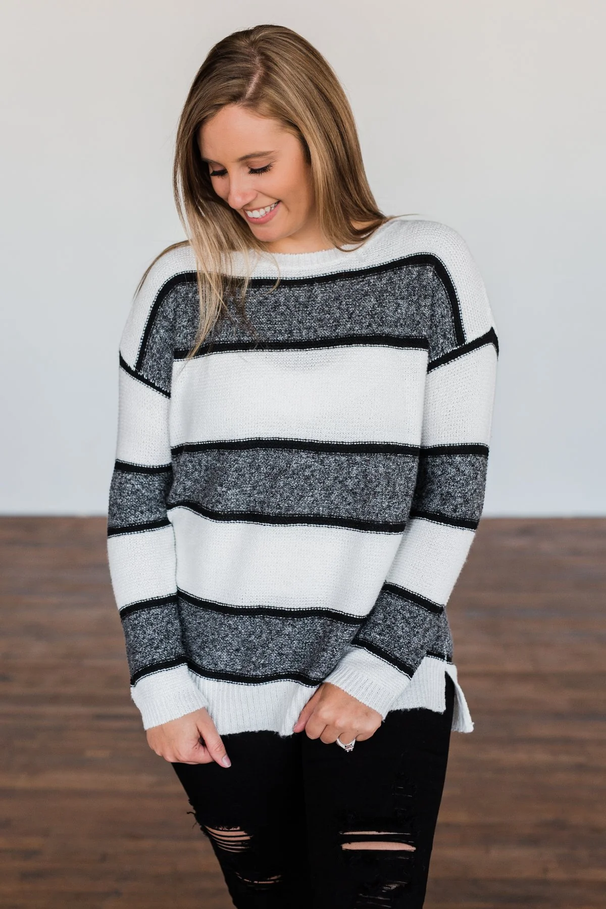 Oh So Soft Striped Knit Sweater- White - Image 3