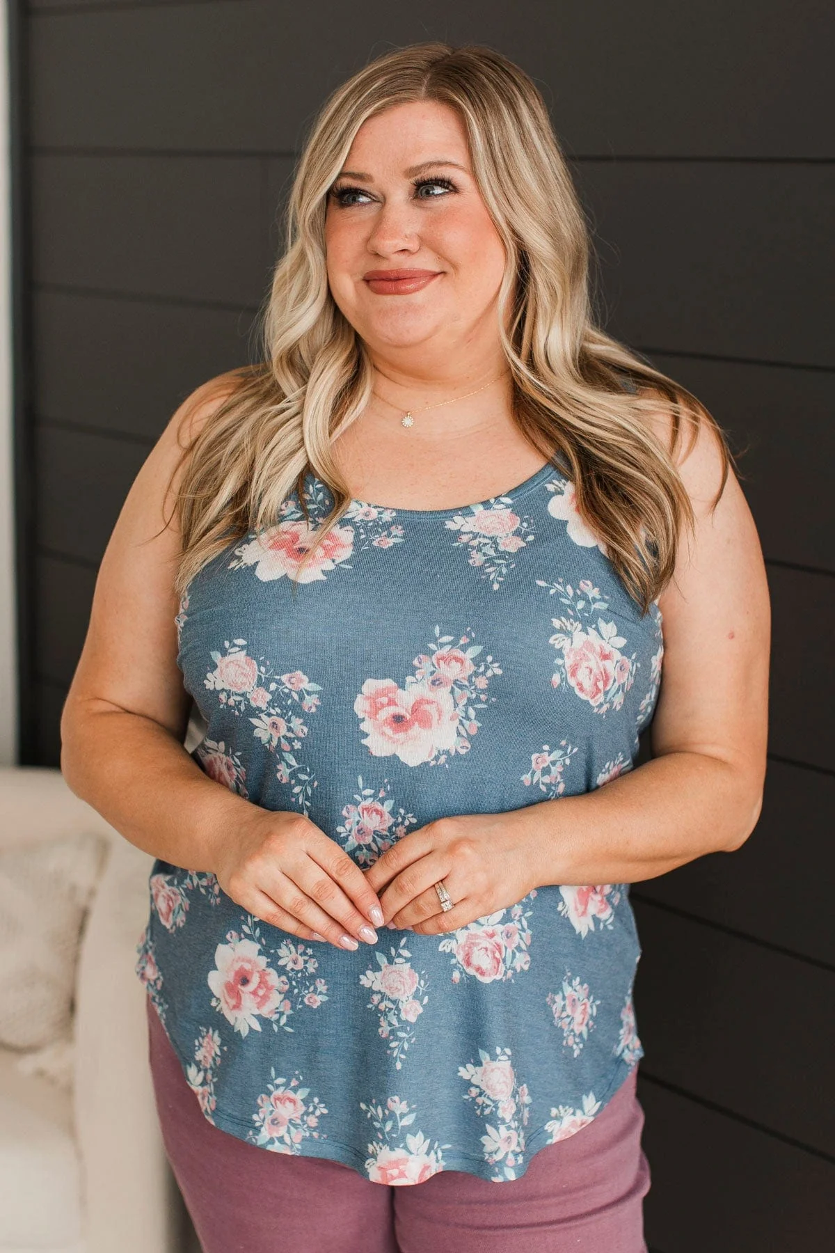 Okay To Let Go Floral Tank Top- Denim Blue - Image 2