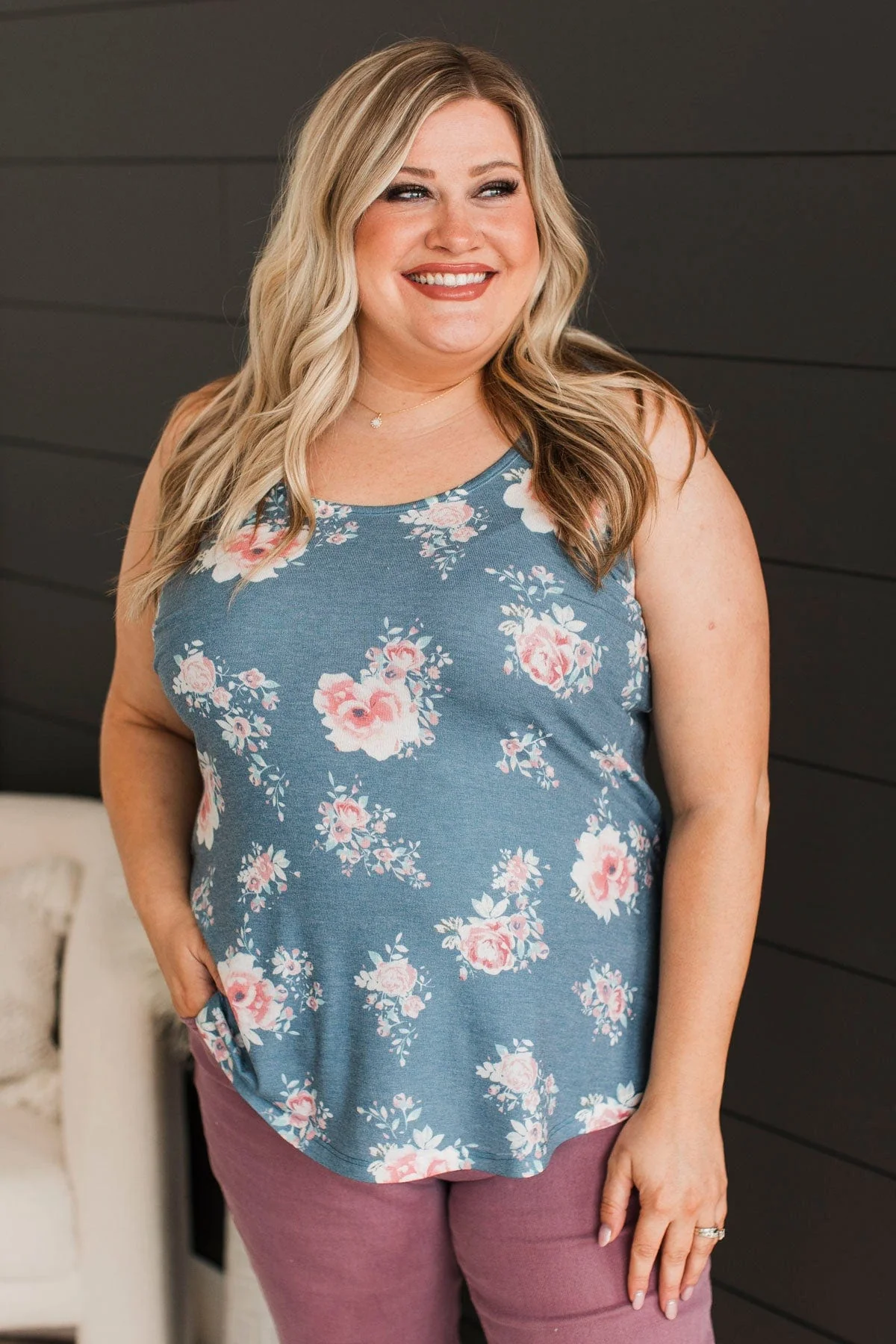 Okay To Let Go Floral Tank Top- Denim Blue - Image 4