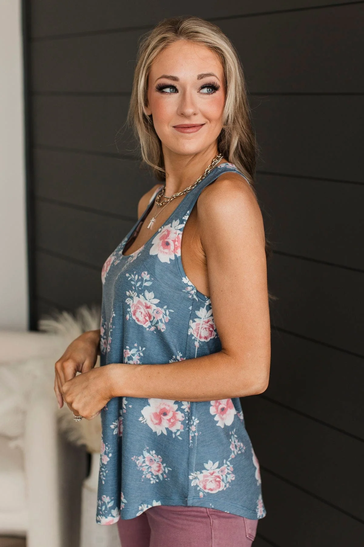 Okay To Let Go Floral Tank Top- Denim Blue - Image 7