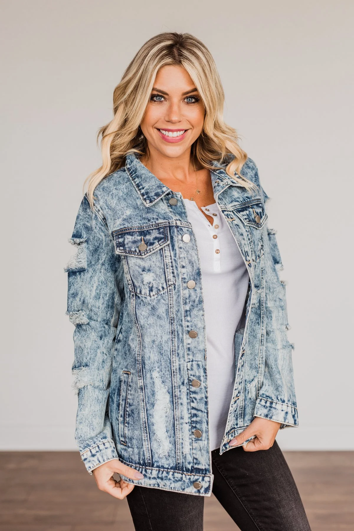 Old School Love Distressed Denim Jacket- Medium Acid Wash - Image 10