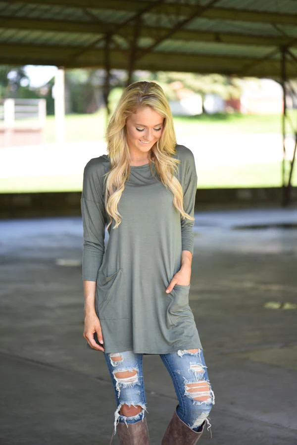 Olive Button Down Pocket Top - Image 2