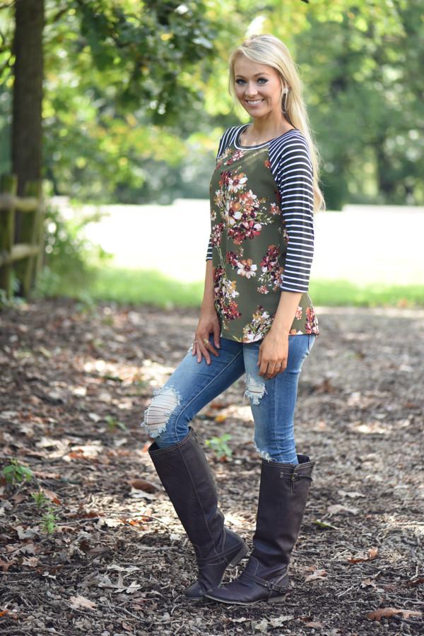 Olive Floral Top w/Striped Sleeves - Image 3