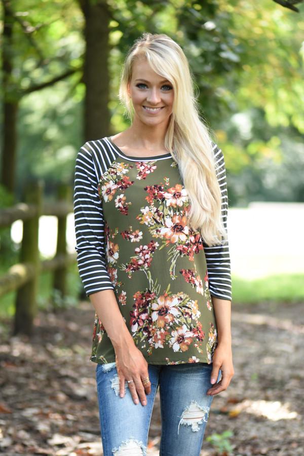 Olive Floral Top w/Striped Sleeves - Image 6