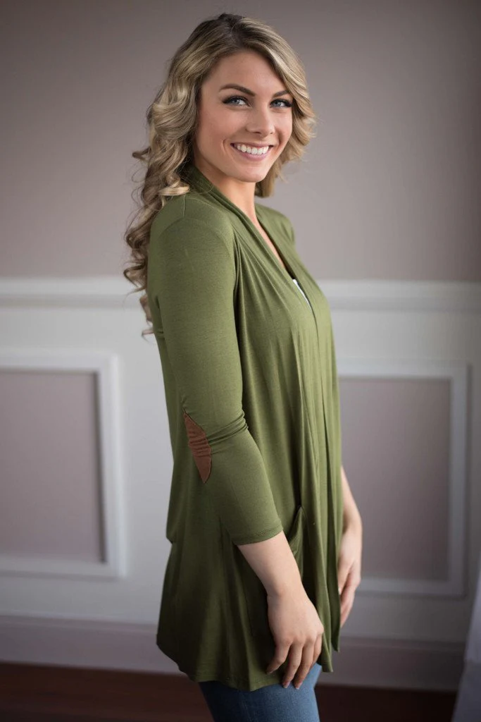 Olive Green Elbow Patch Cardigan - Image 4