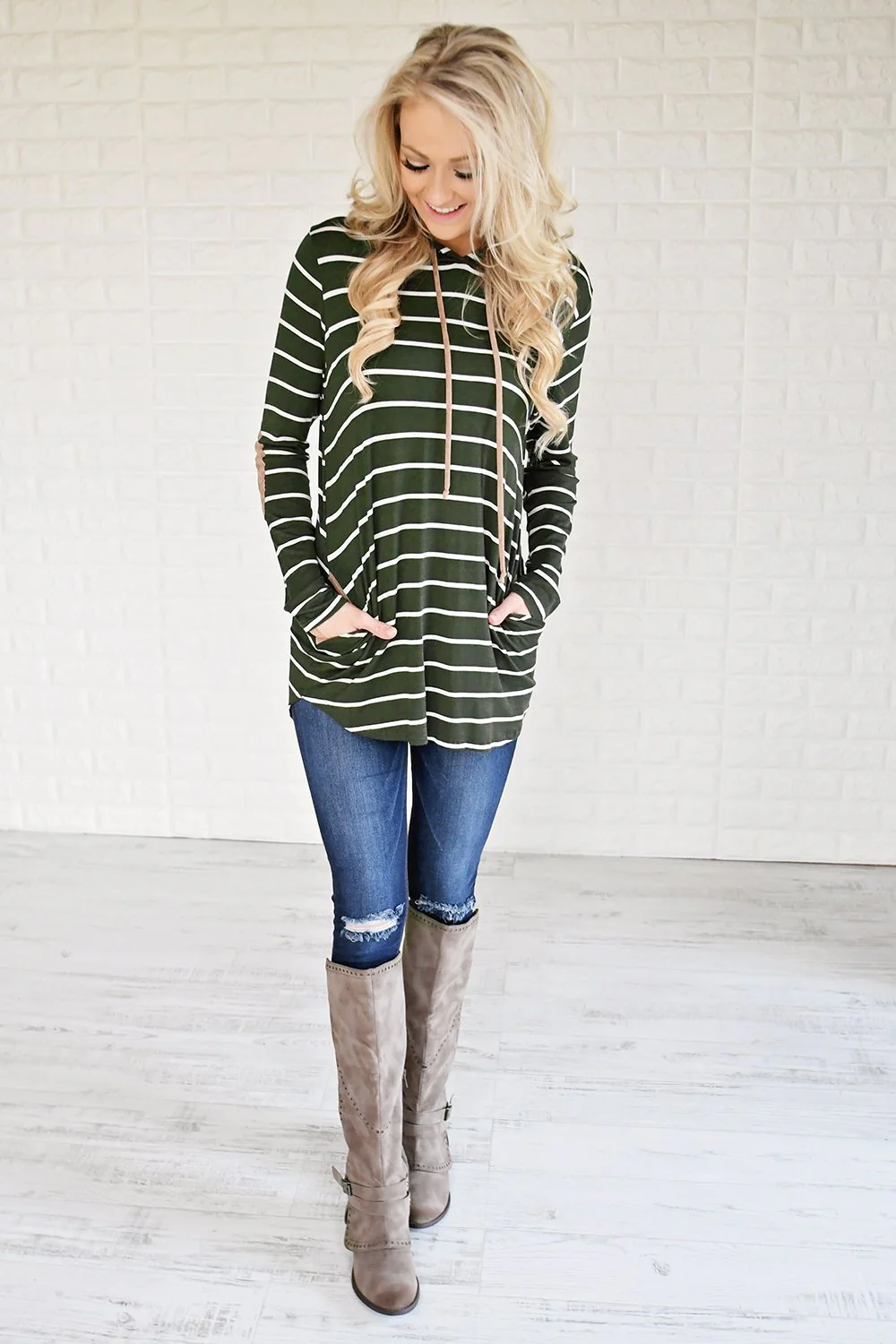 Olive Striped Hoodie w/ Elbow Patches - Image 2