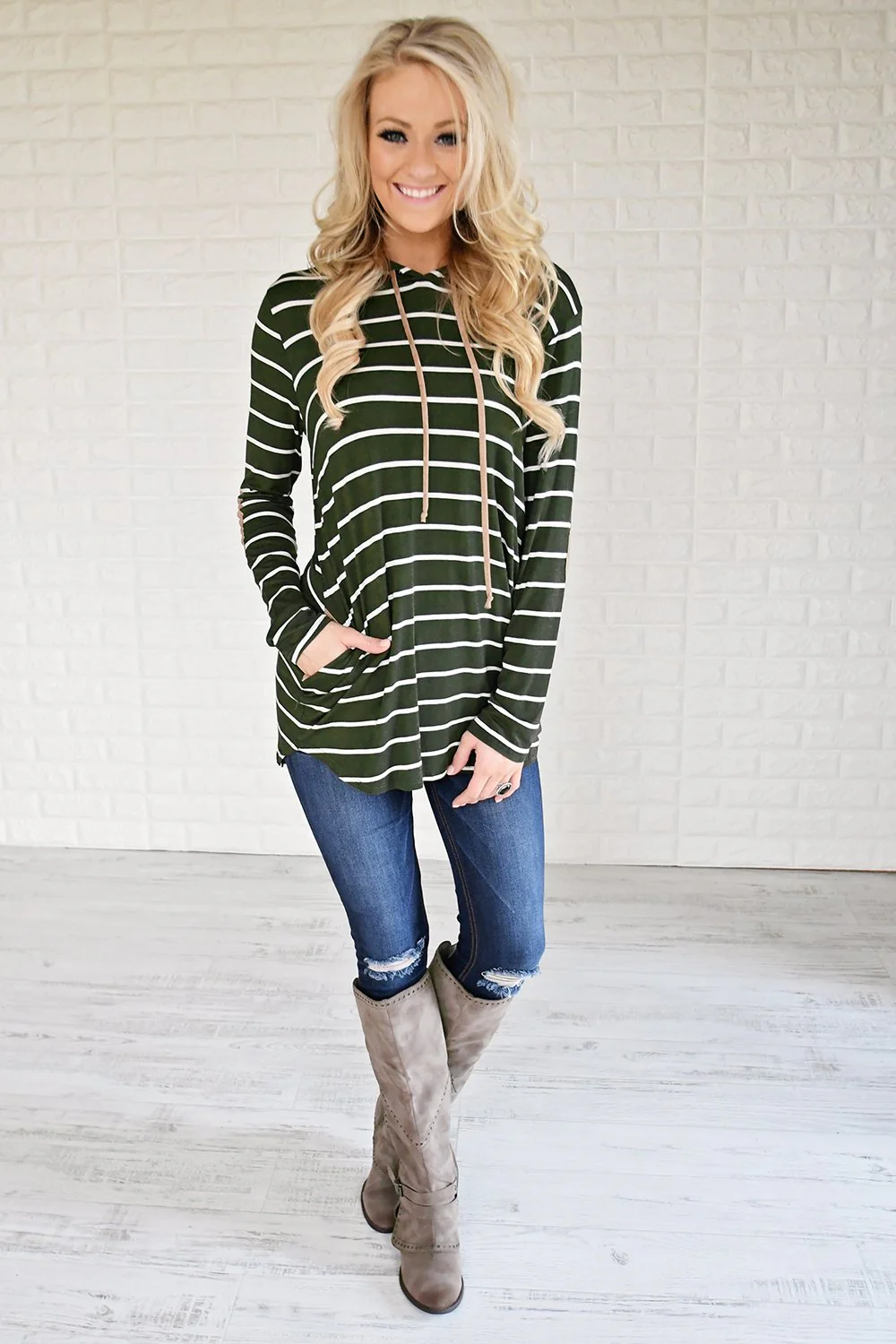 Olive Striped Hoodie w/ Elbow Patches - Image 3
