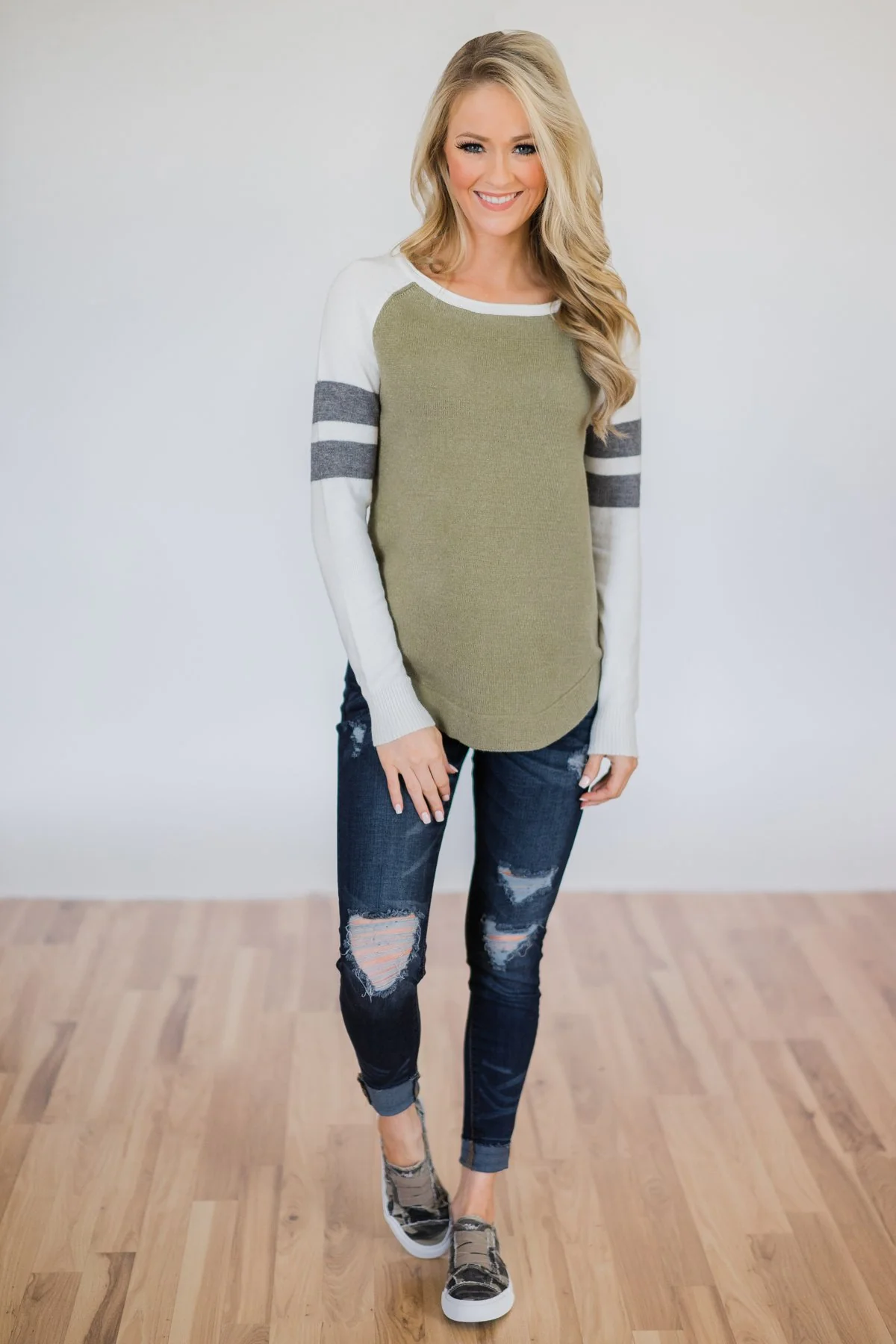 Comfy Color Block Pullover Sweater- Dark Sage - Image 4