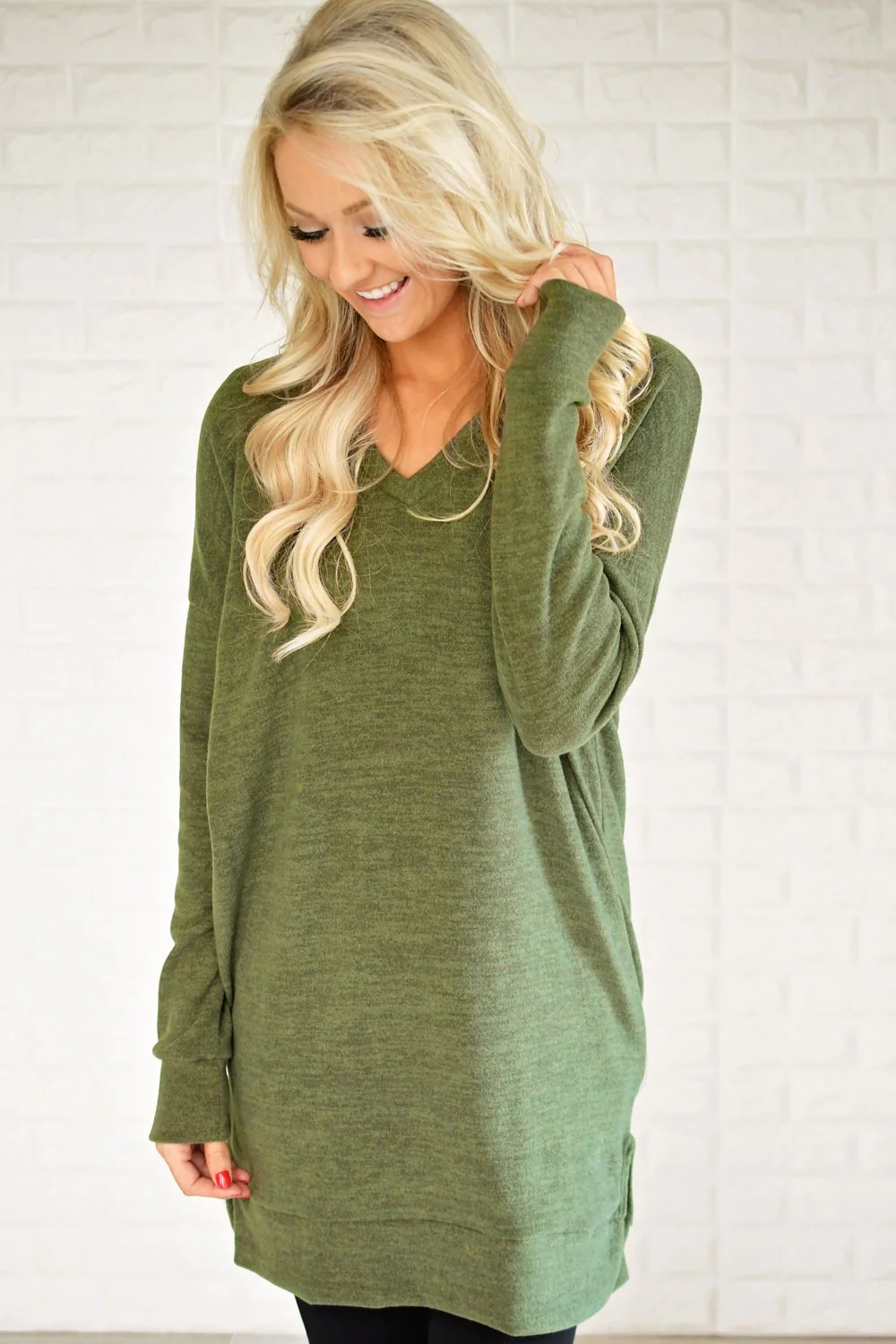 Olive V-Neck Tunic Top - Image 2