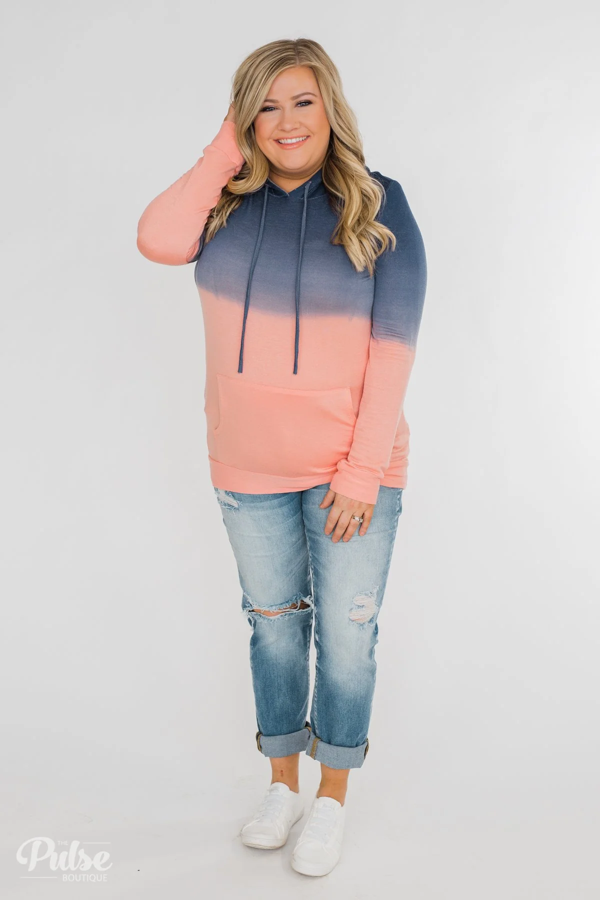 Long Sleeve Ombré Hoodie- Navy & Peach - Image 11