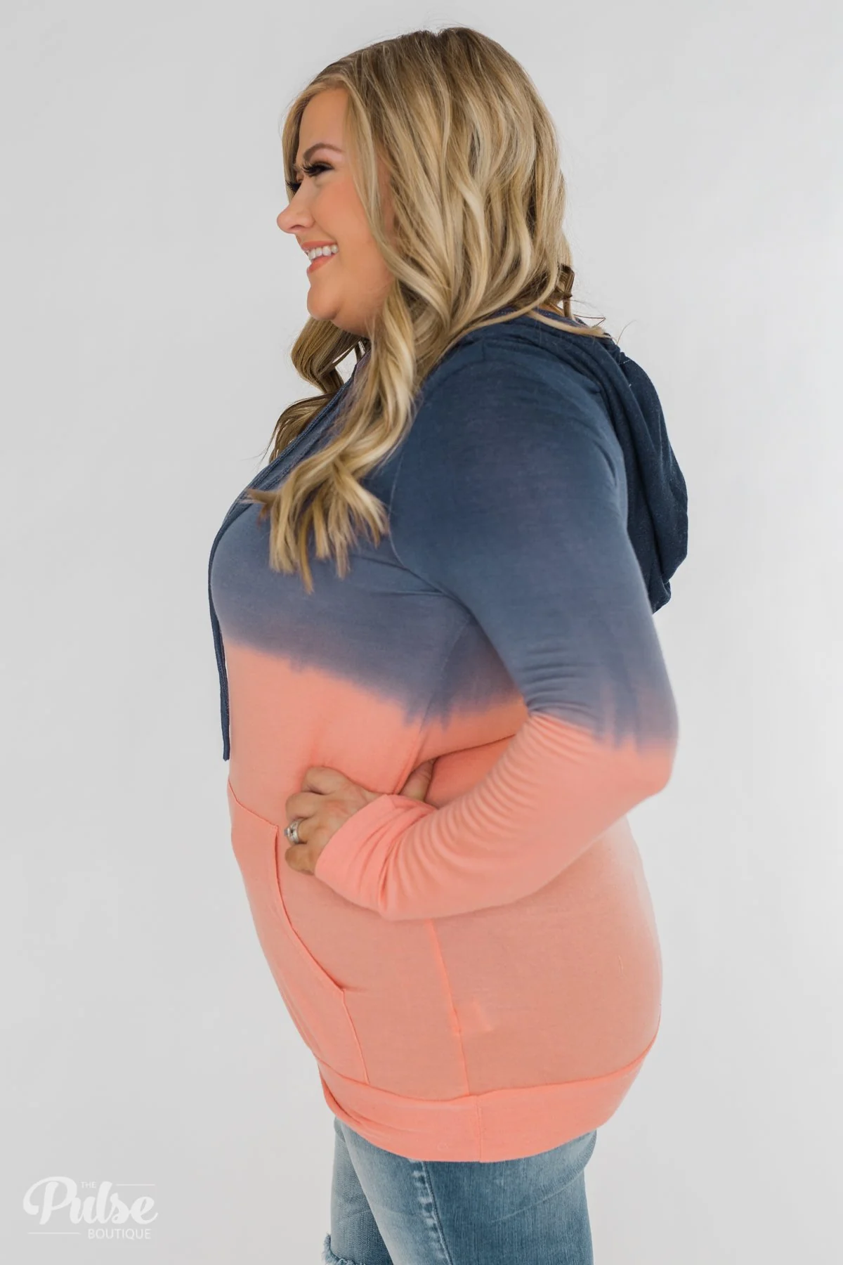 Long Sleeve Ombré Hoodie- Navy & Peach - Image 12