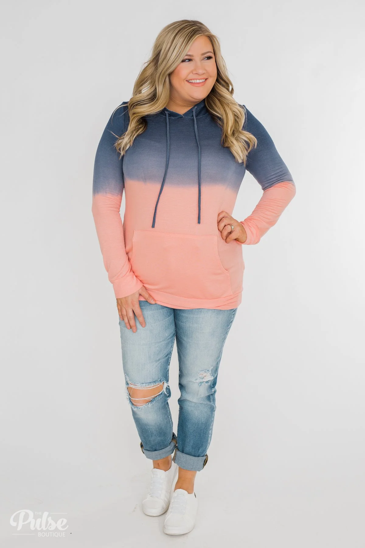 Long Sleeve Ombré Hoodie- Navy & Peach - Image 2