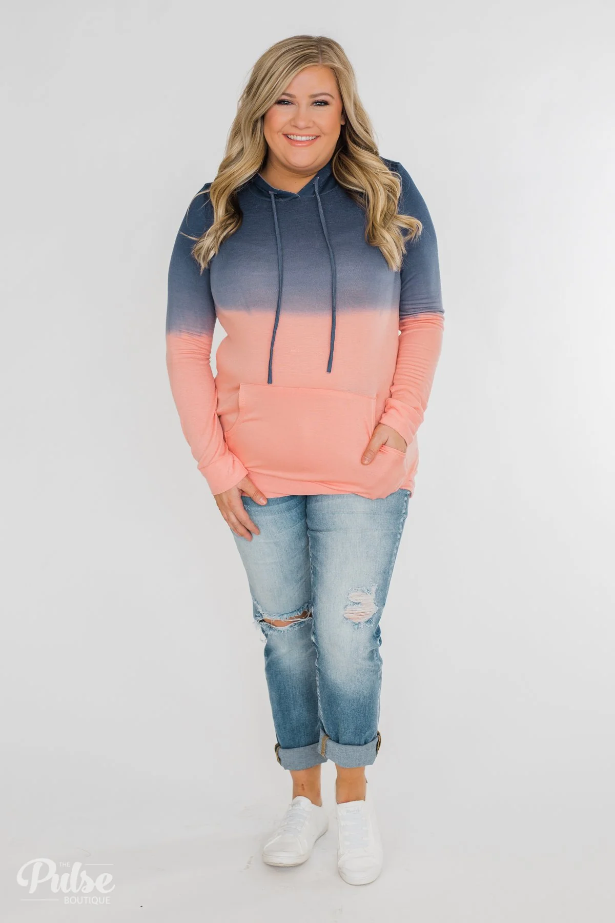 Long Sleeve Ombré Hoodie- Navy & Peach - Image 6