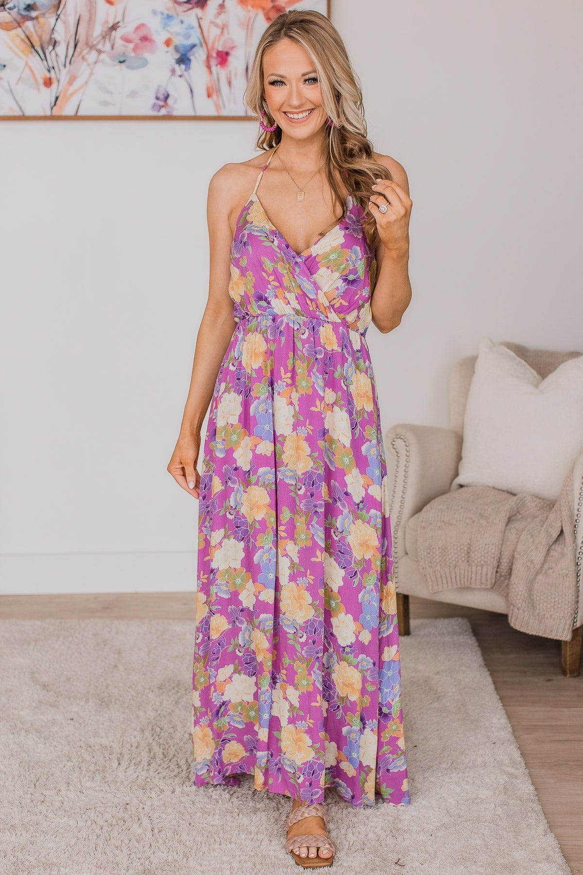 On A Cruise Floral Maxi Dress- Purple