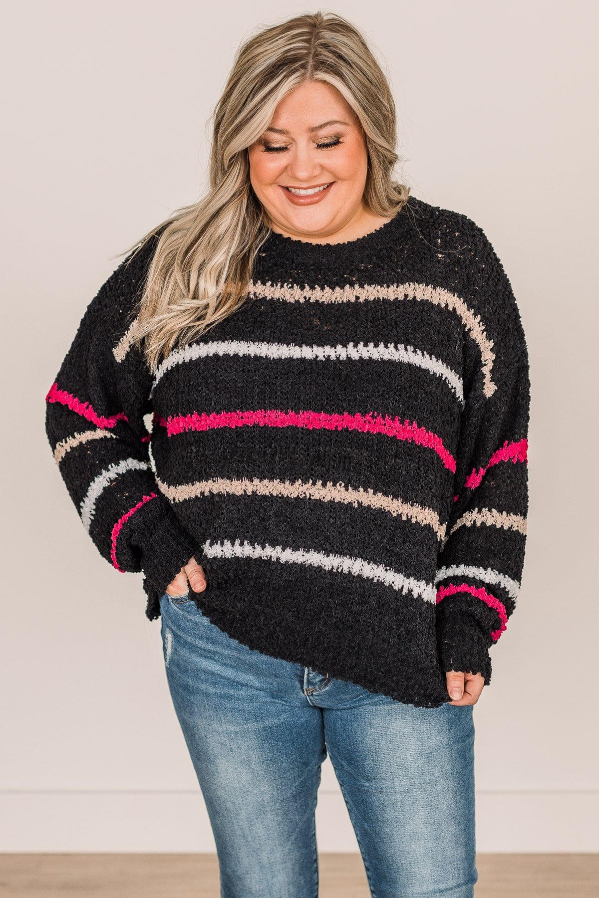 On A High Note Popcorn Knit Sweater- Black - Image 4