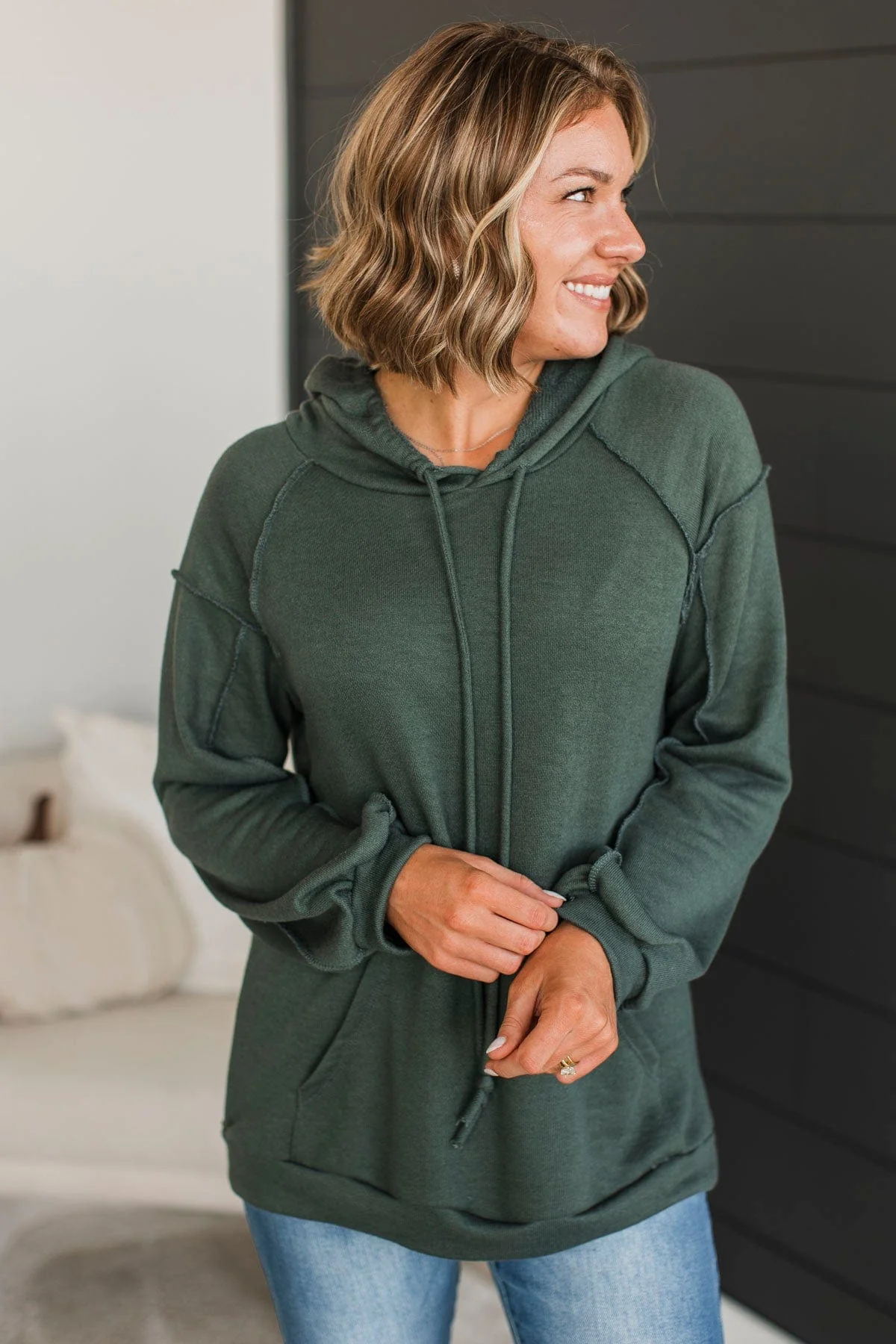 On A Hunch Hooded Pullover Top- Dark Olive - Image 2