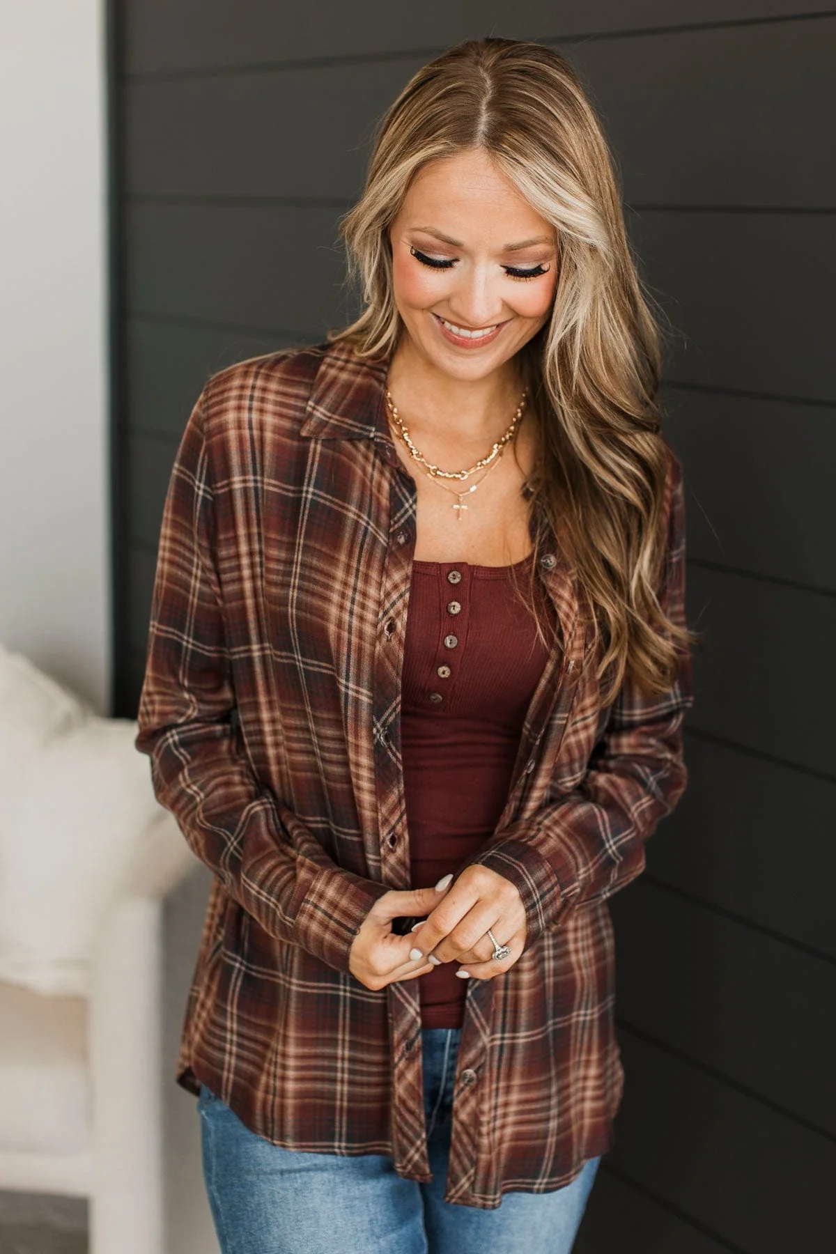 On A Journey Plaid Button Top- Burgundy - Image 4