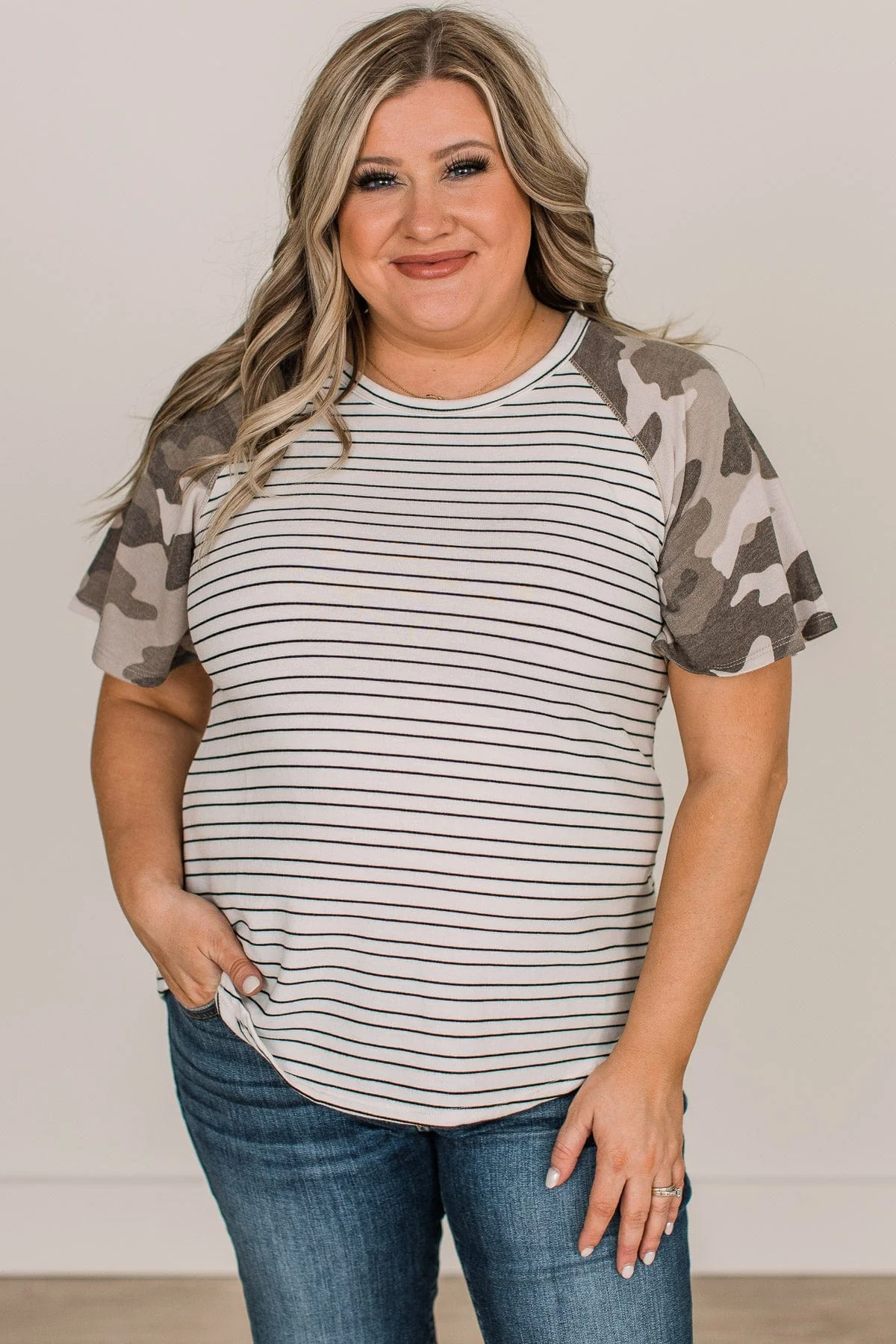 On A Mission Color Block Top- Ivory & Camo