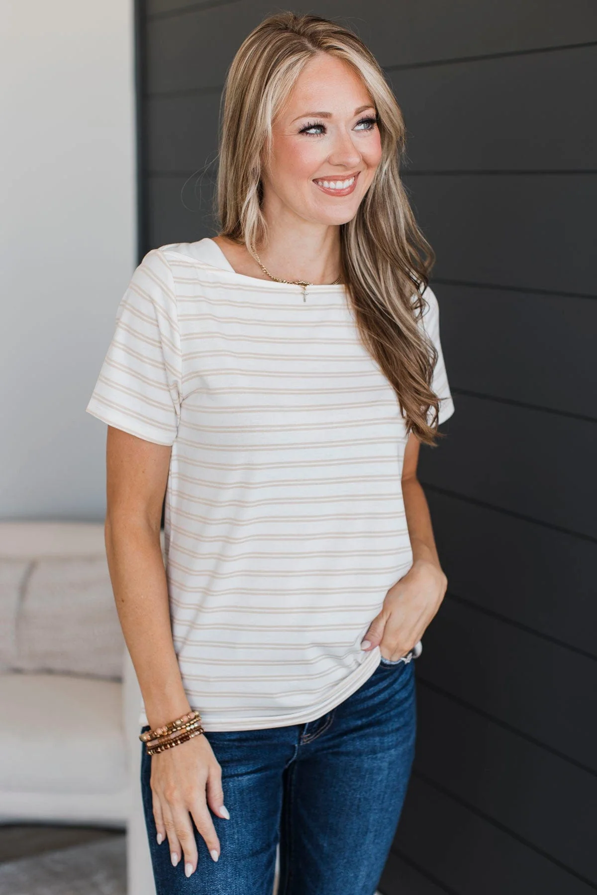 On A Pedestal Striped Short Sleeve Top- Cream - Image 4