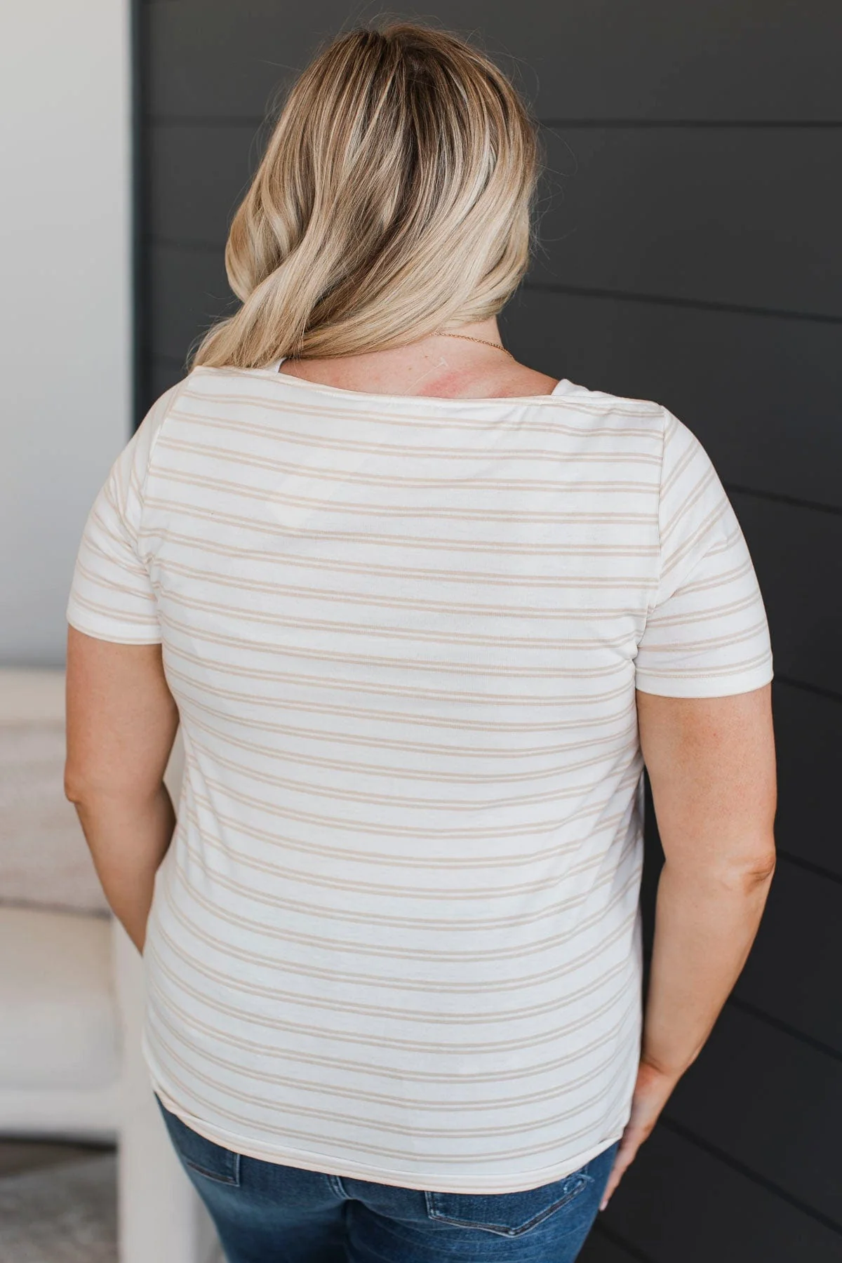 On A Pedestal Striped Short Sleeve Top- Cream - Image 7