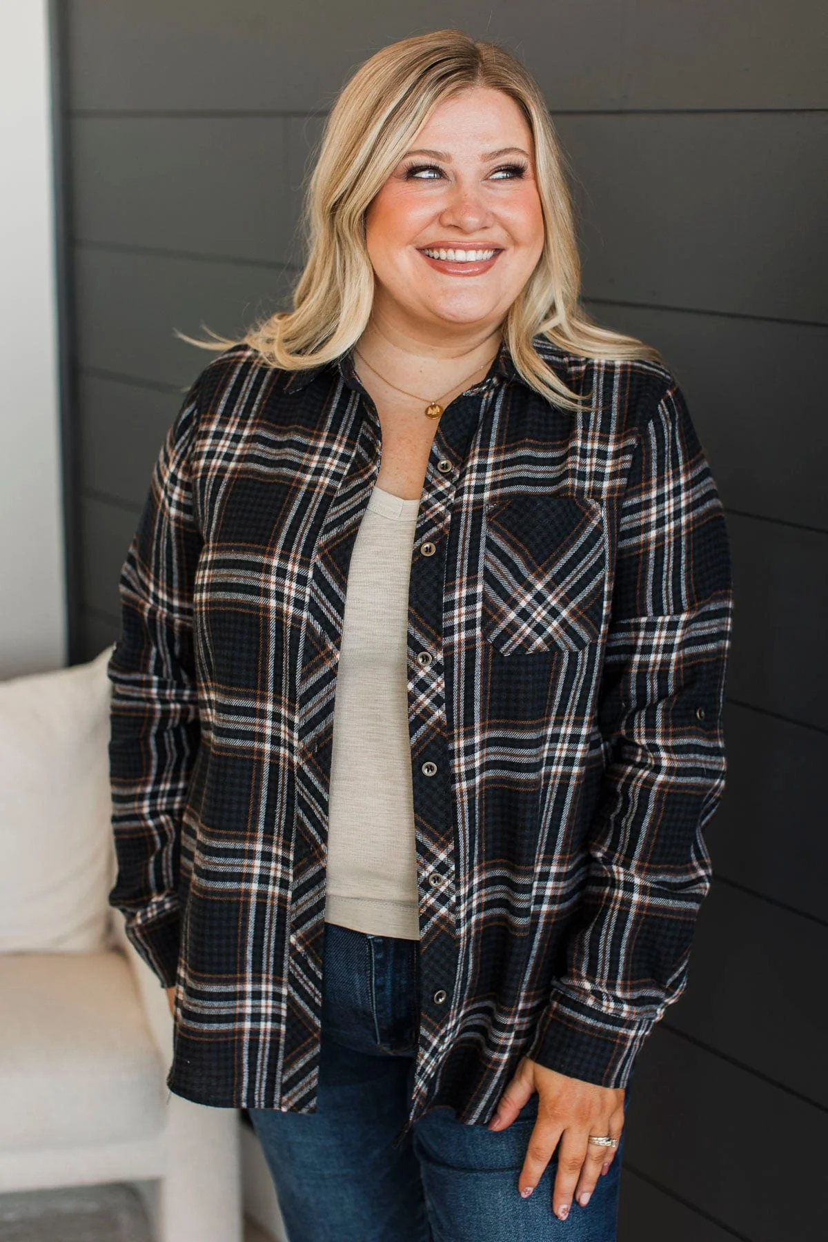On An Expedition Plaid Button Top- Navy - Image 2