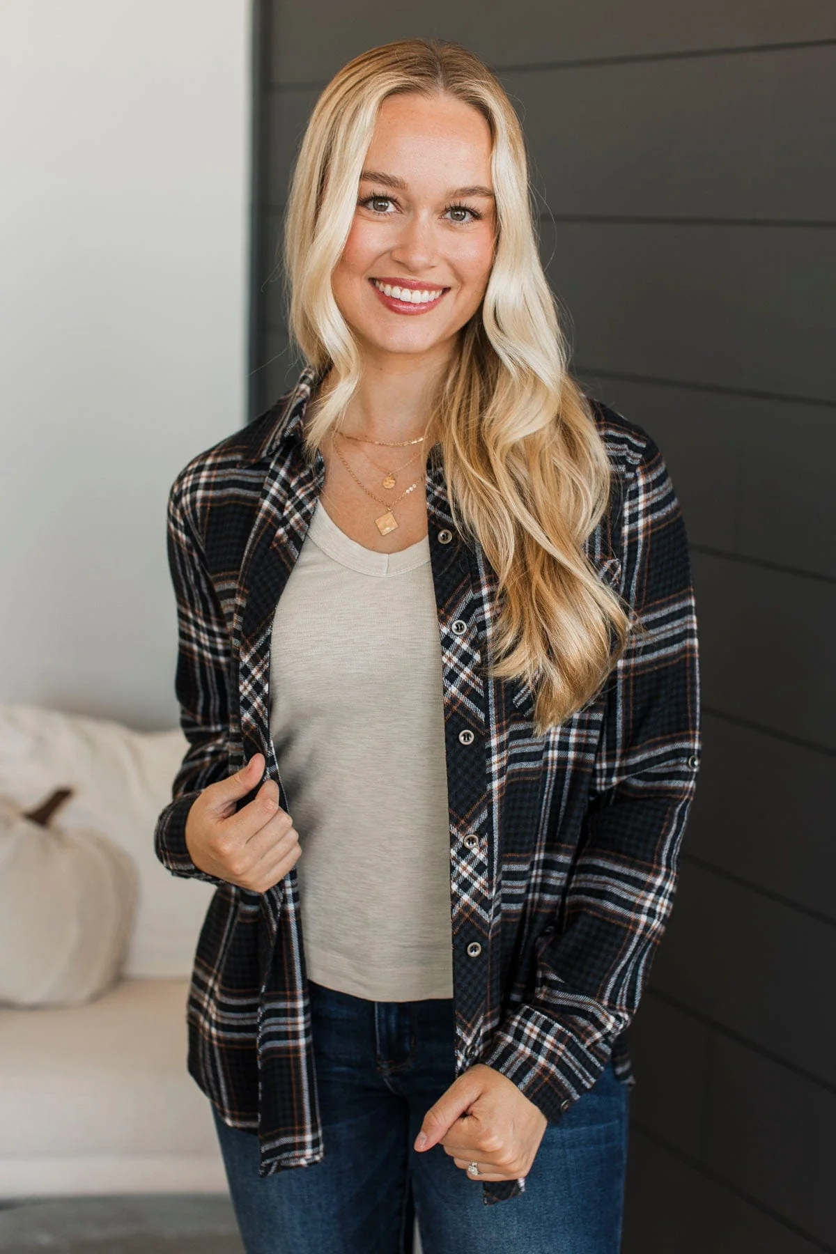 On An Expedition Plaid Button Top- Navy - Image 3